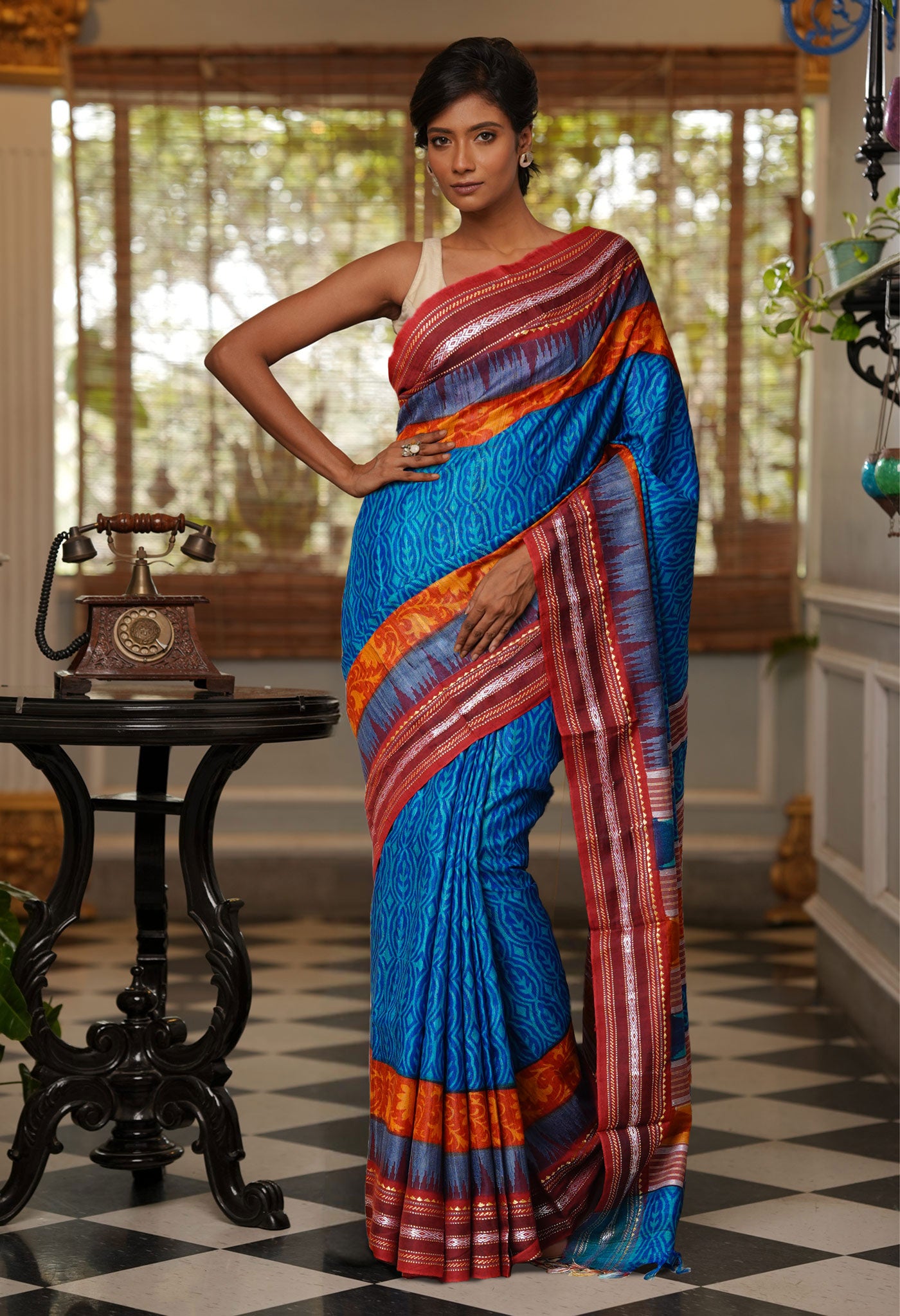 Blue Pure Handloom Printed Vidarbha Tussar Silk Saree-UNM80227