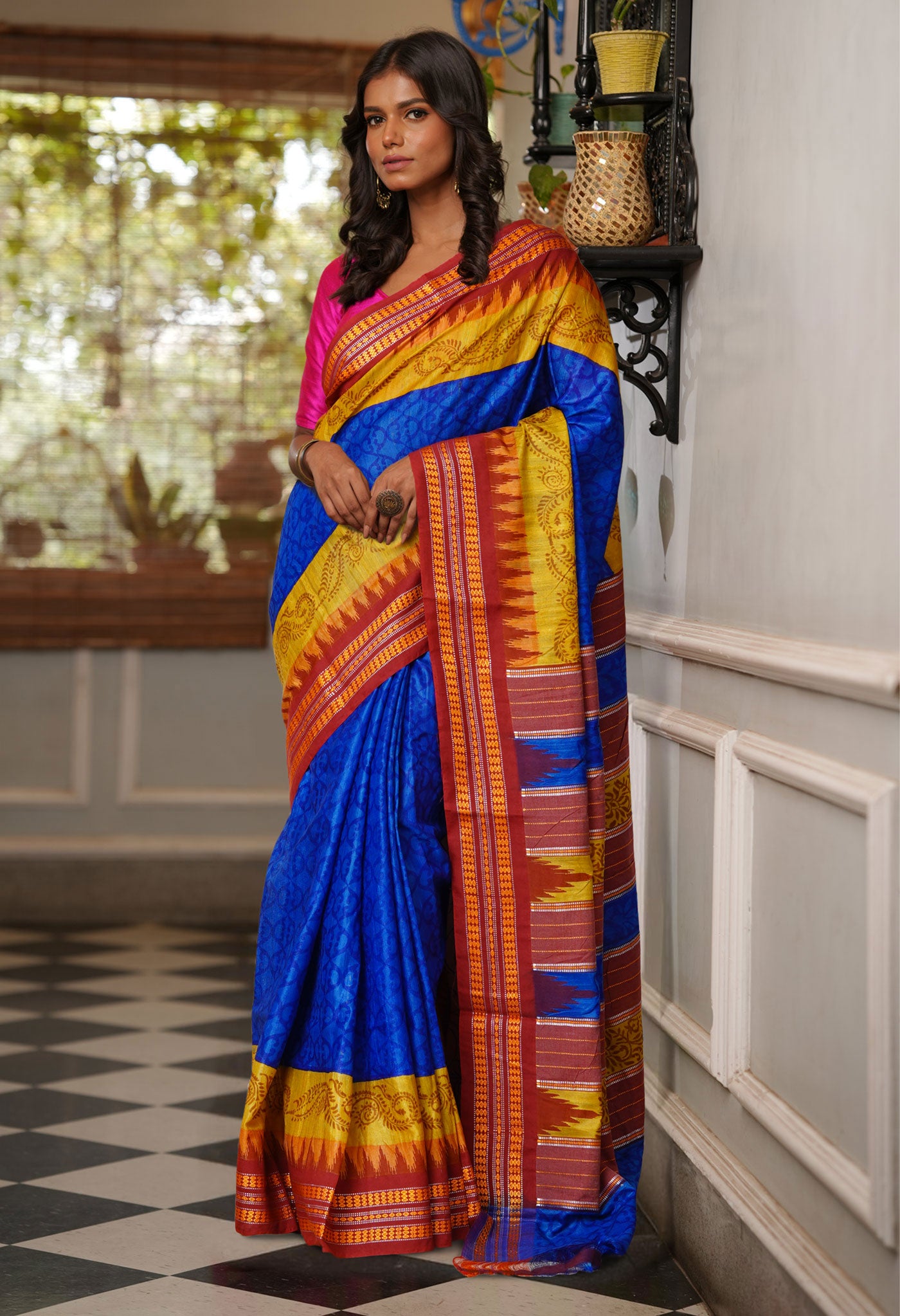 Blue Pure Handloom Printed Vidarbha Tussar Silk Saree-UNM80228