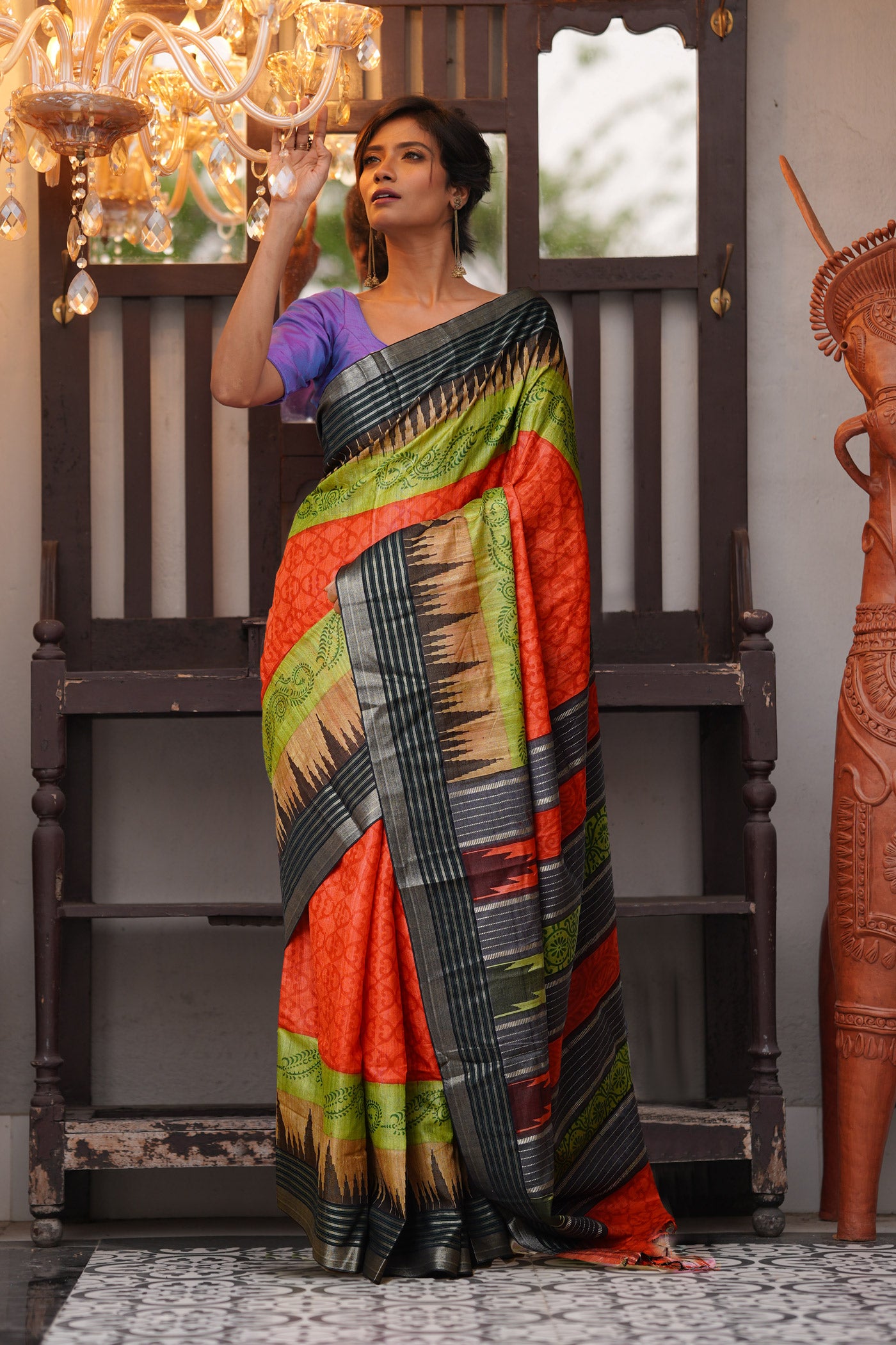 Red Pure Handloom Printed Vidarbha Tussar Silk Saree-UNM80229