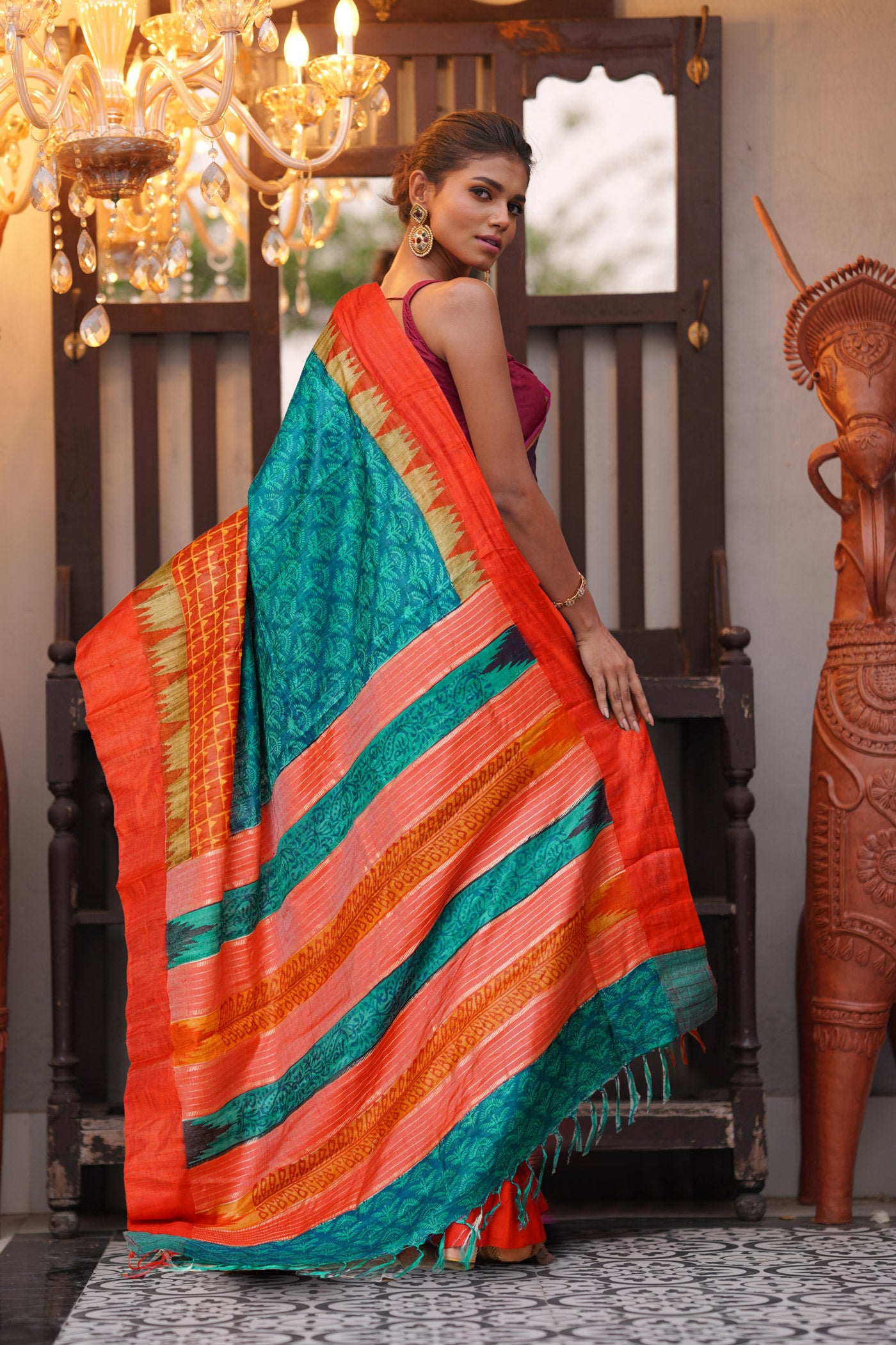 Green Pure Handloom Printed Vidarbha Tussar Silk Saree-UNM80230