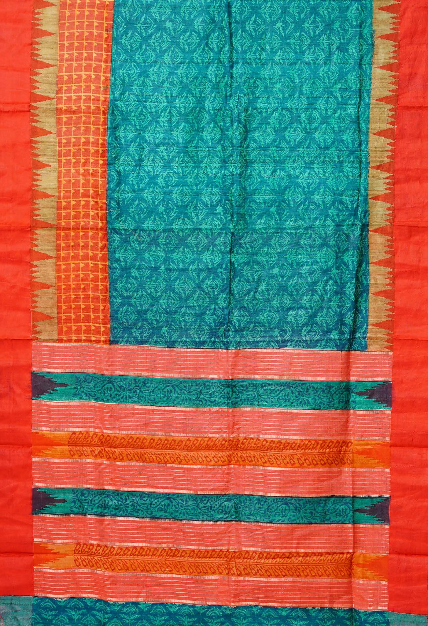 Green Pure Handloom Printed Vidarbha Tussar Silk Saree-UNM80230