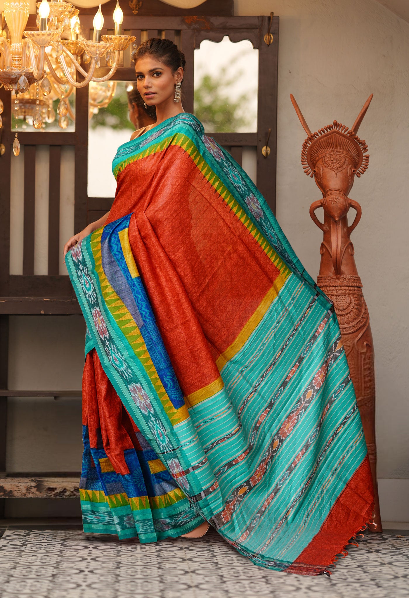 Red Pure Handloom Printed Vidarbha Tussar Silk Saree-UNM80231