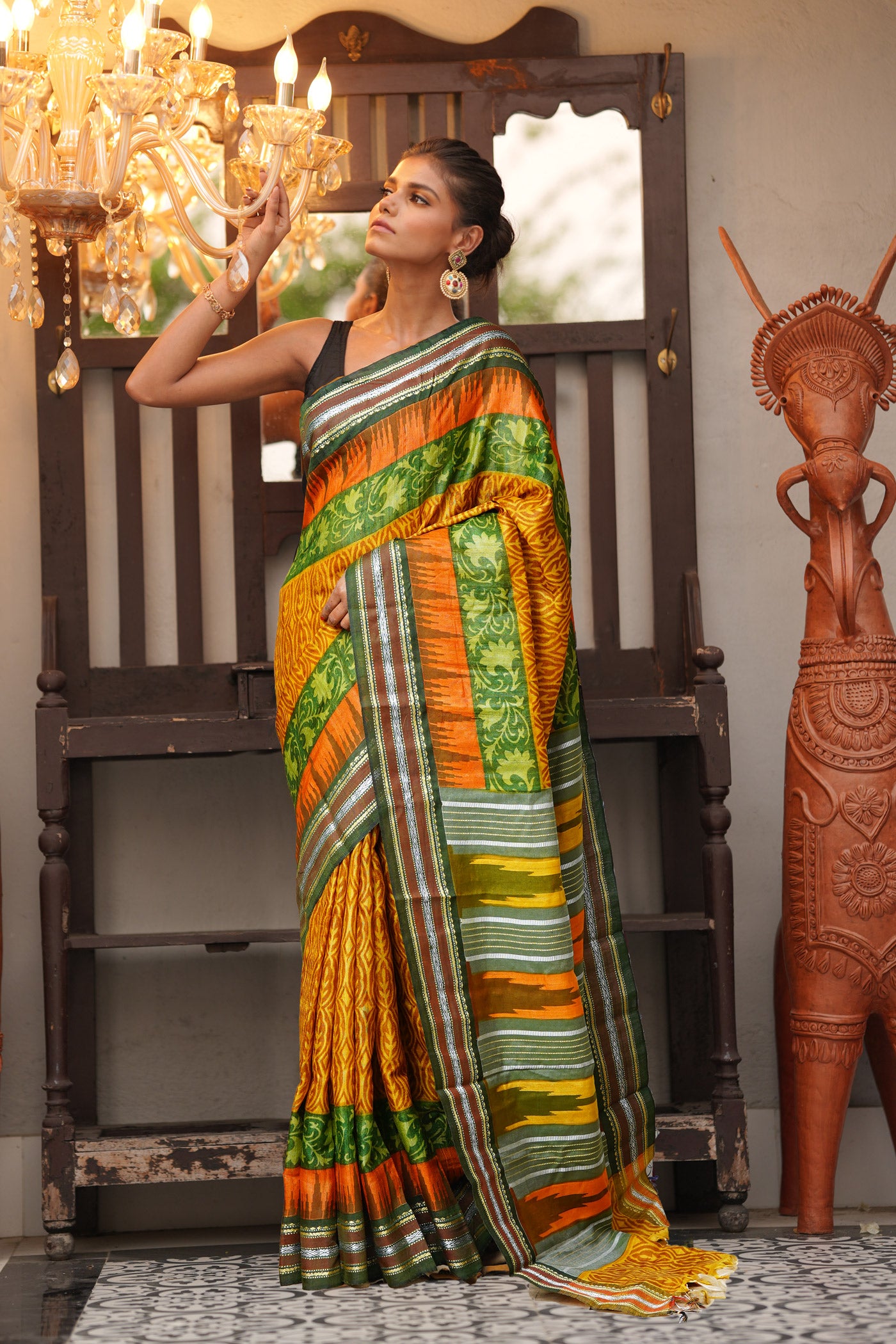 Yellow Pure Handloom Printed Vidarbha Tussar Silk Saree-UNM80233