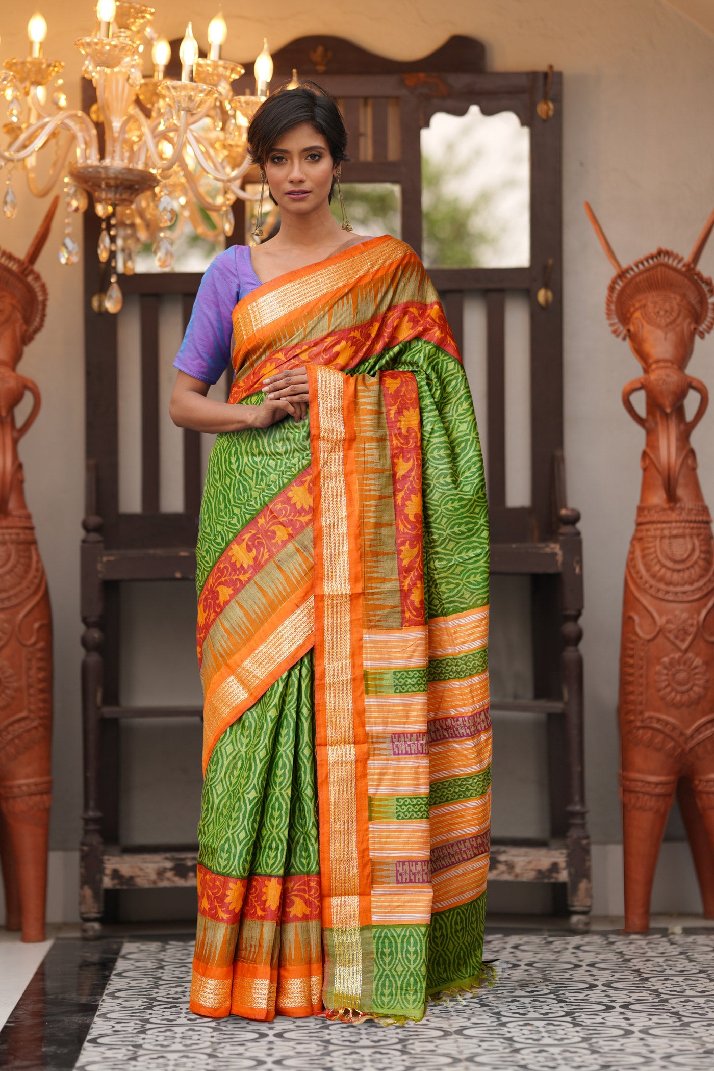 Green Pure Handloom Printed Vidarbha Tussar Silk Saree-UNM80234