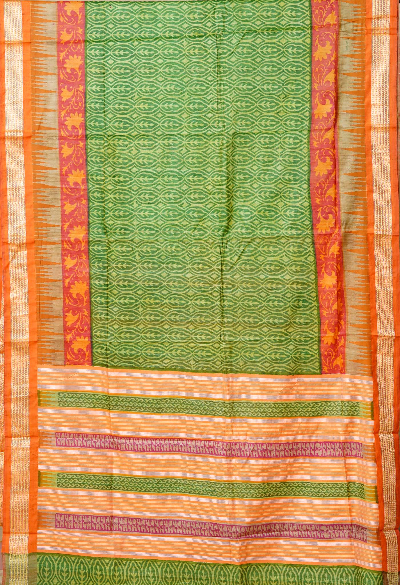 Green Pure Handloom Printed Vidarbha Tussar Silk Saree-UNM80234