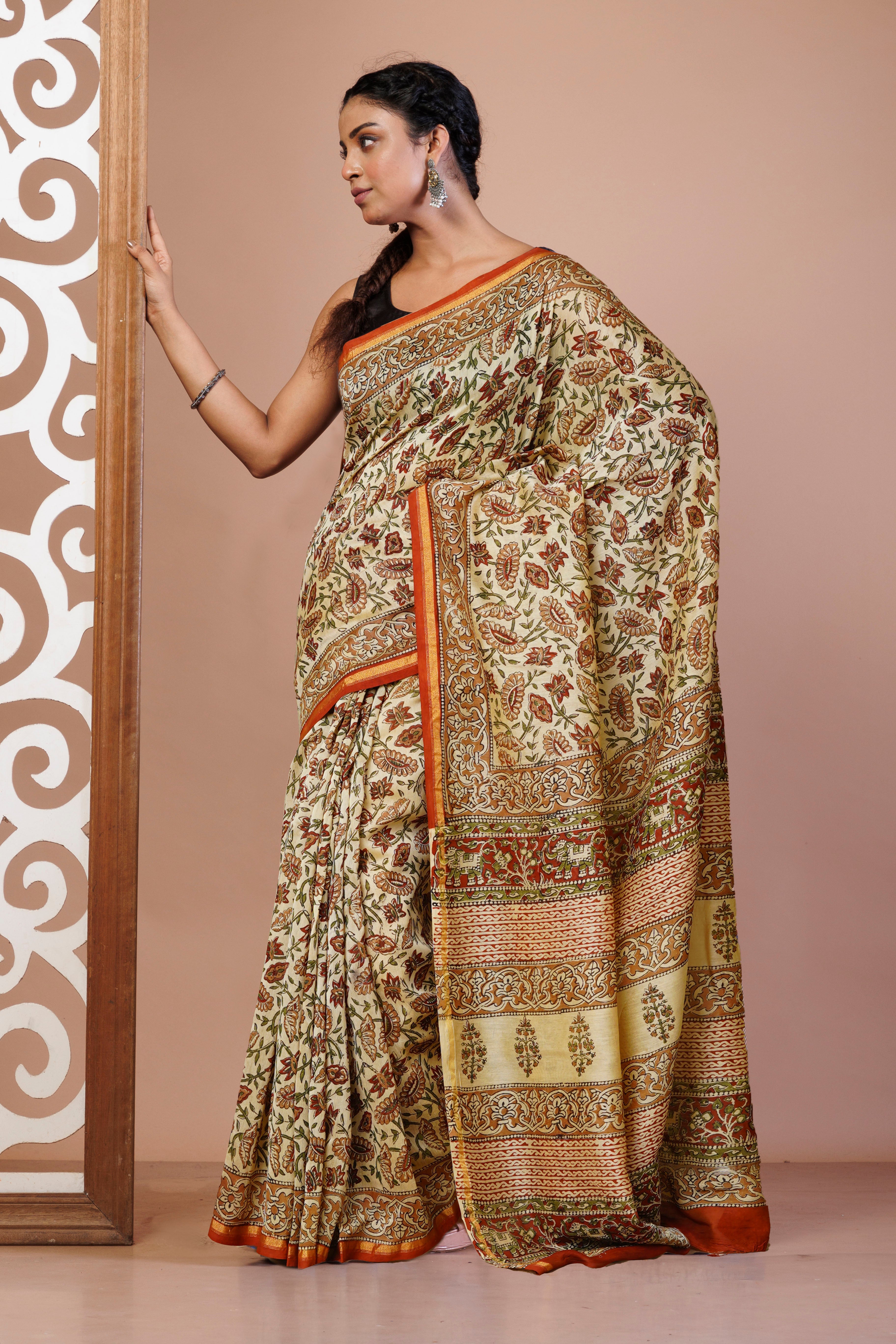 Cream Pure  Bagru Kalamkari Printed Chanderi Sico Saree-UNM80239