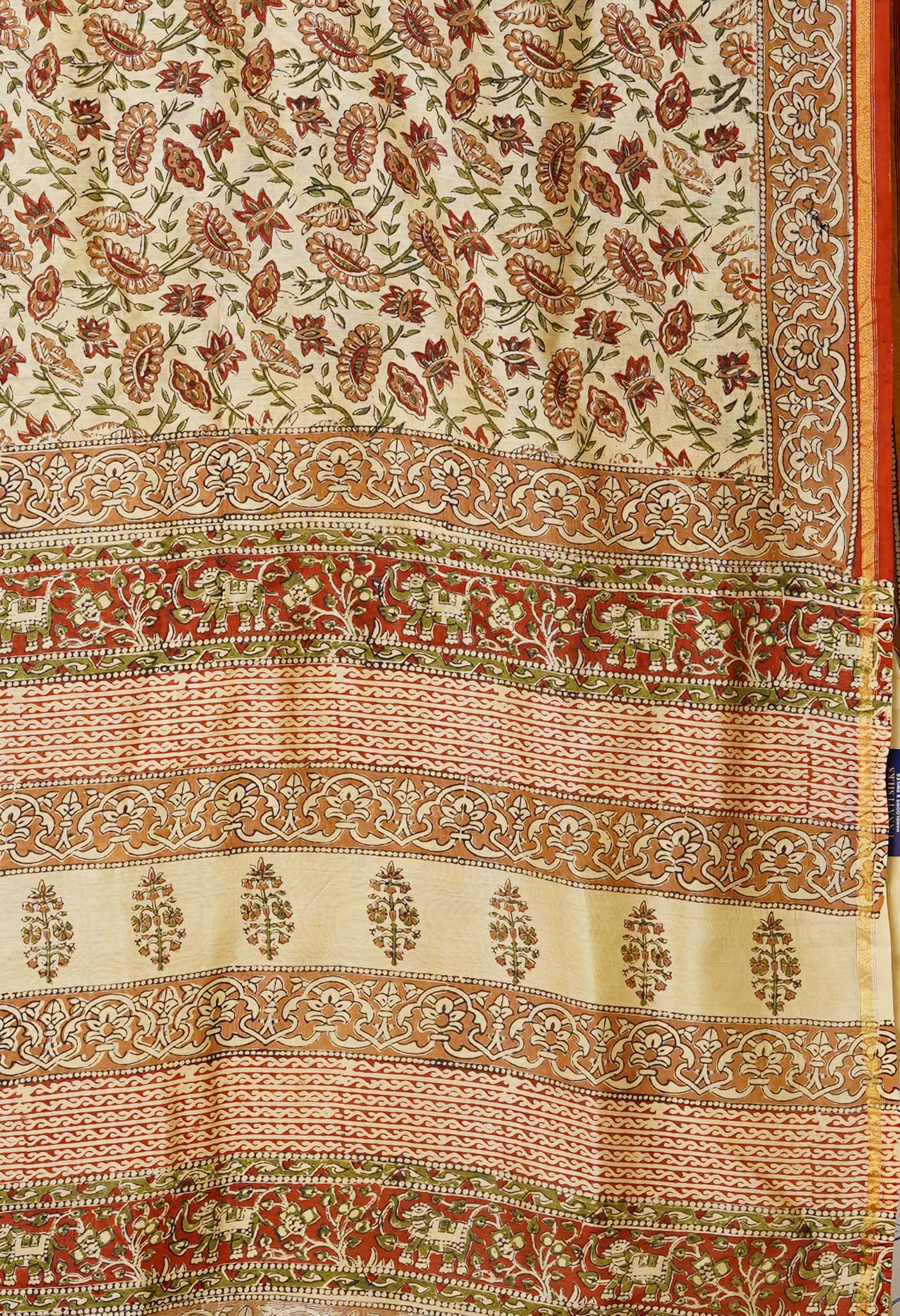 Cream Pure  Bagru Kalamkari Printed Chanderi Sico Saree-UNM80239