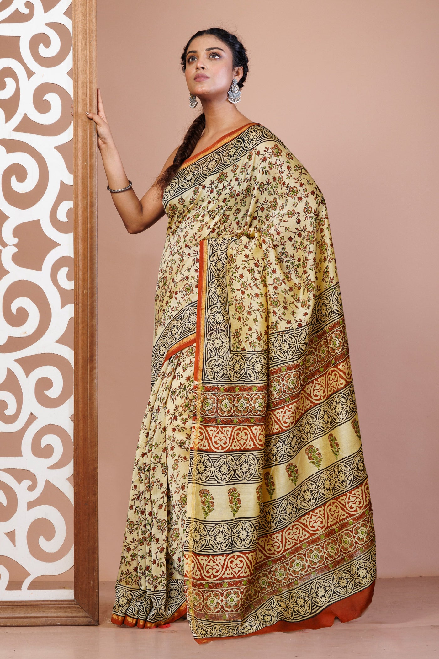 Cream Pure  Bagru Kalamkari Printed Chanderi Sico Saree-UNM80240