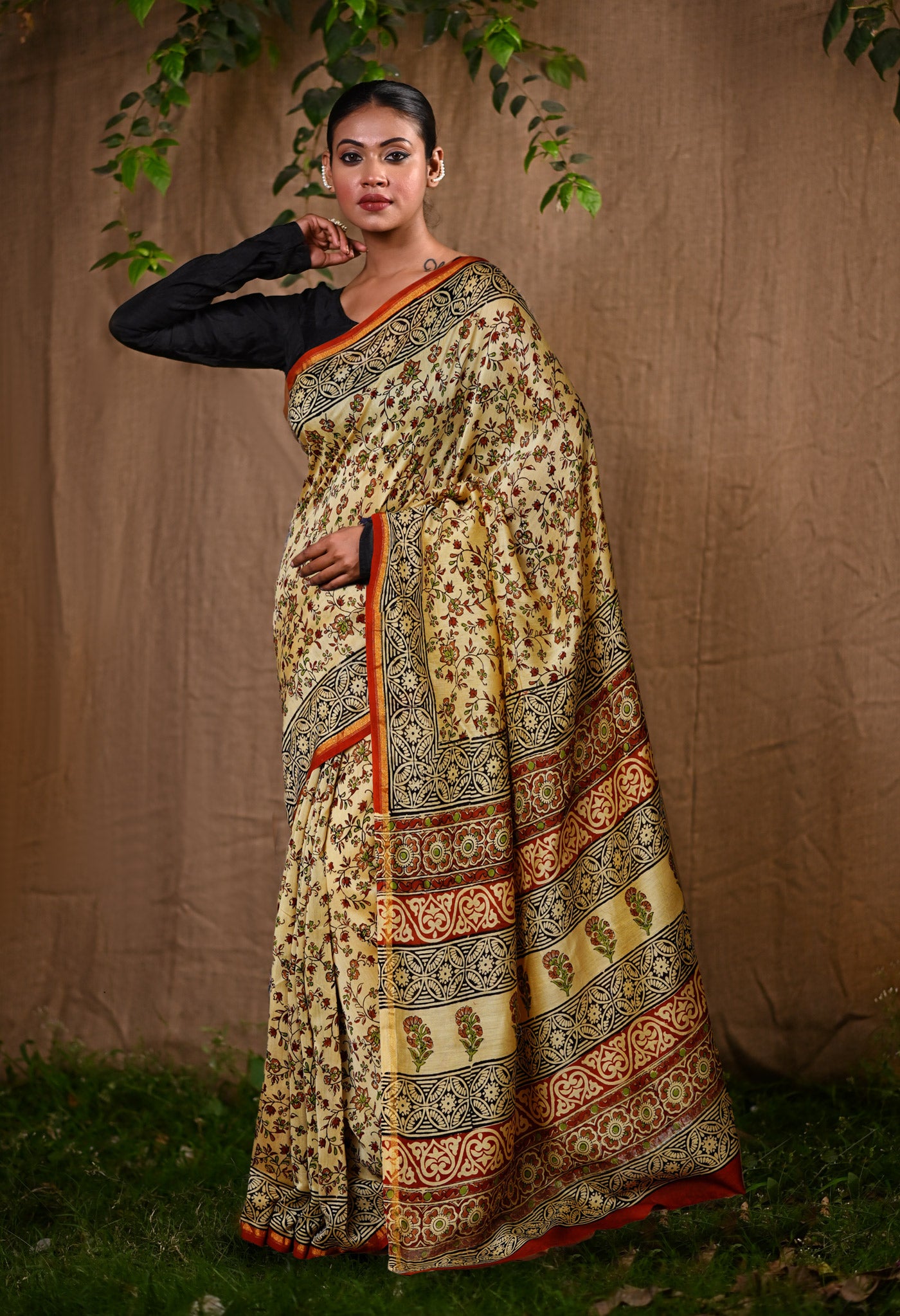 Cream Pure  Bagru Kalamkari Printed Chanderi Sico Saree-UNM80240