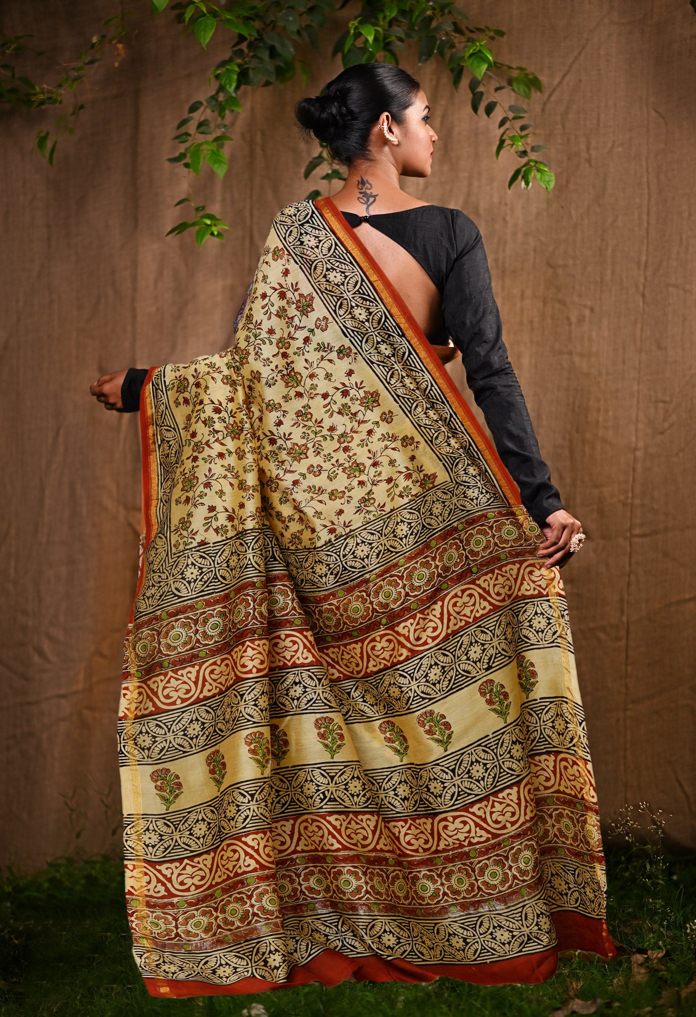 Cream Pure  Bagru Kalamkari Printed Chanderi Sico Saree-UNM80240