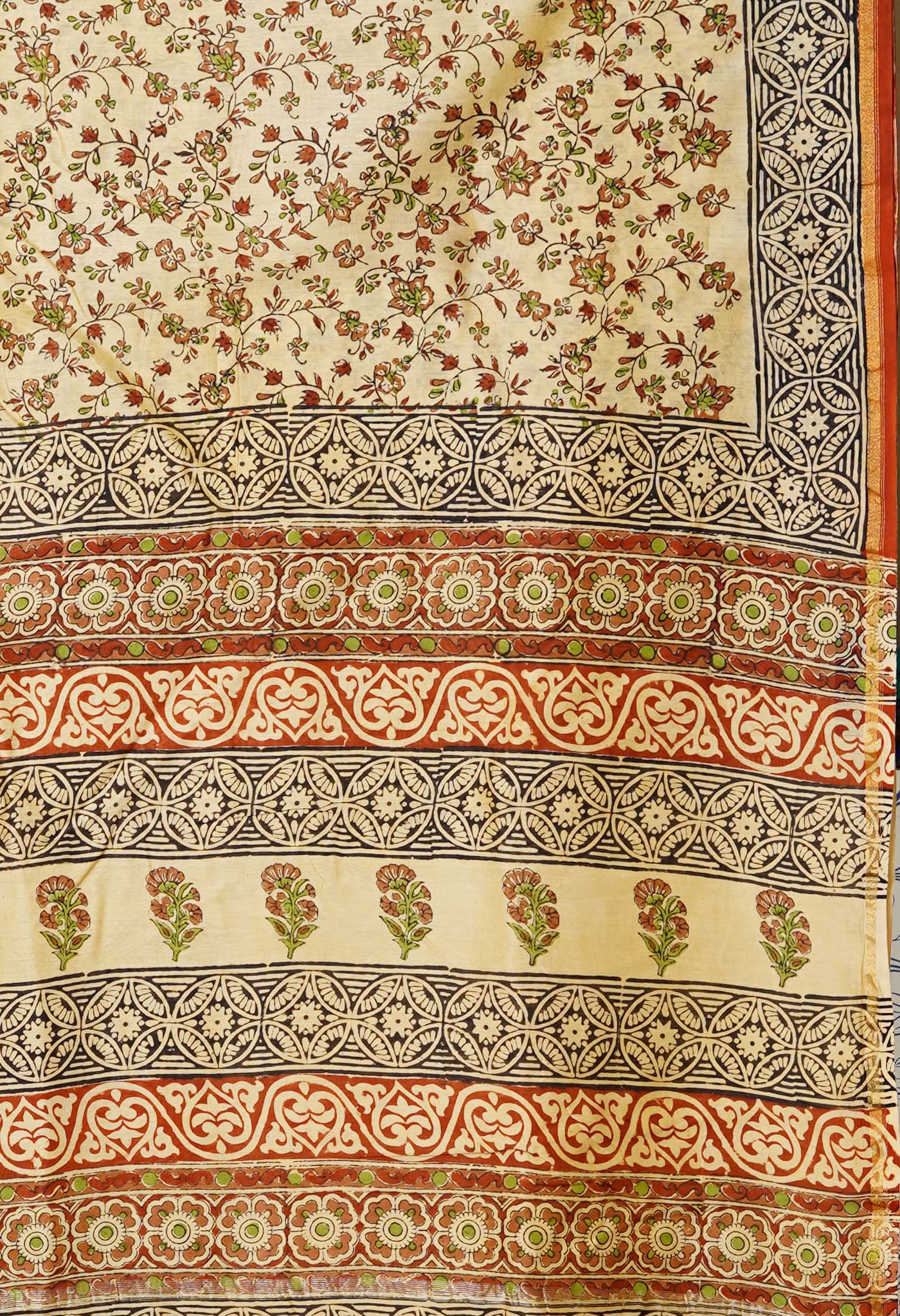 Cream Pure  Bagru Kalamkari Printed Chanderi Sico Saree-UNM80240