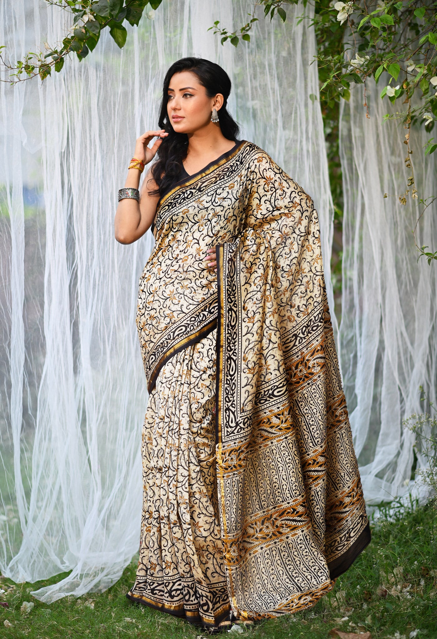 Cream Pure  Bagru Kalamkari Printed Chanderi Sico Saree-UNM80242