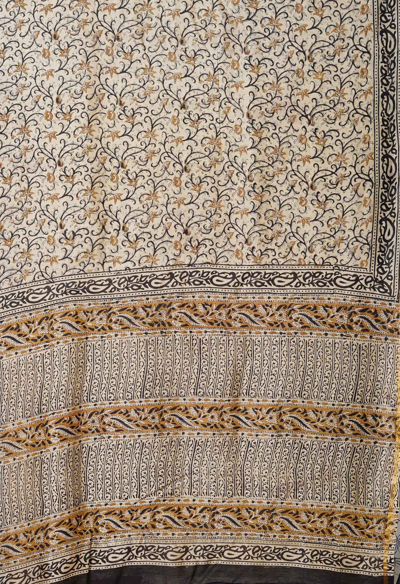 Cream Pure  Bagru Kalamkari Printed Chanderi Sico Saree-UNM80242