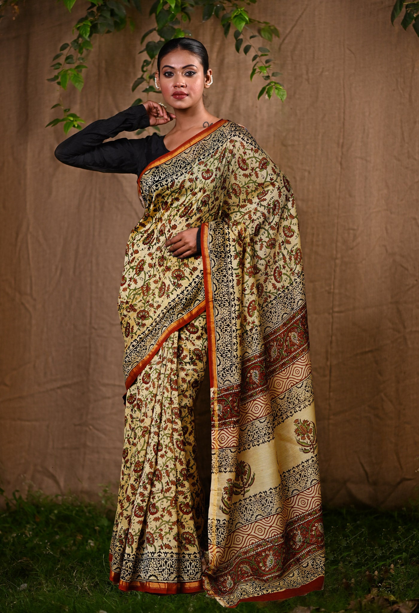 Cream Pure  Bagru Kalamkari Printed Chanderi Sico Saree-UNM80243