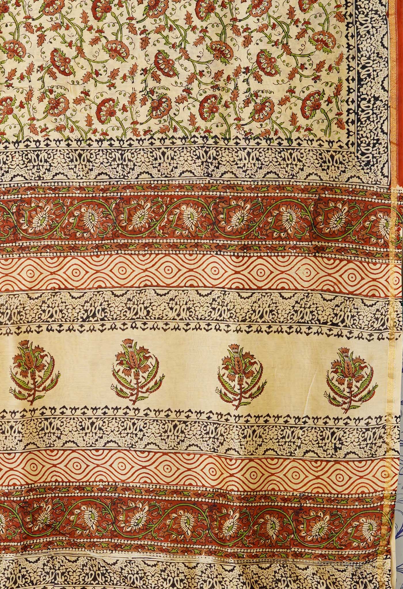 Cream Pure  Bagru Kalamkari Printed Chanderi Sico Saree-UNM80243