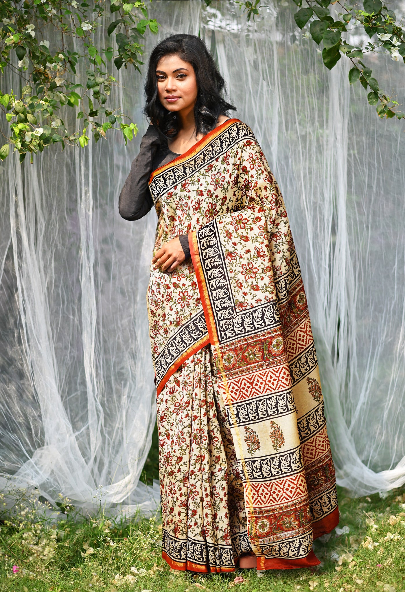 Cream Pure  Bagru Kalamkari Printed Chanderi Sico Saree-UNM80244