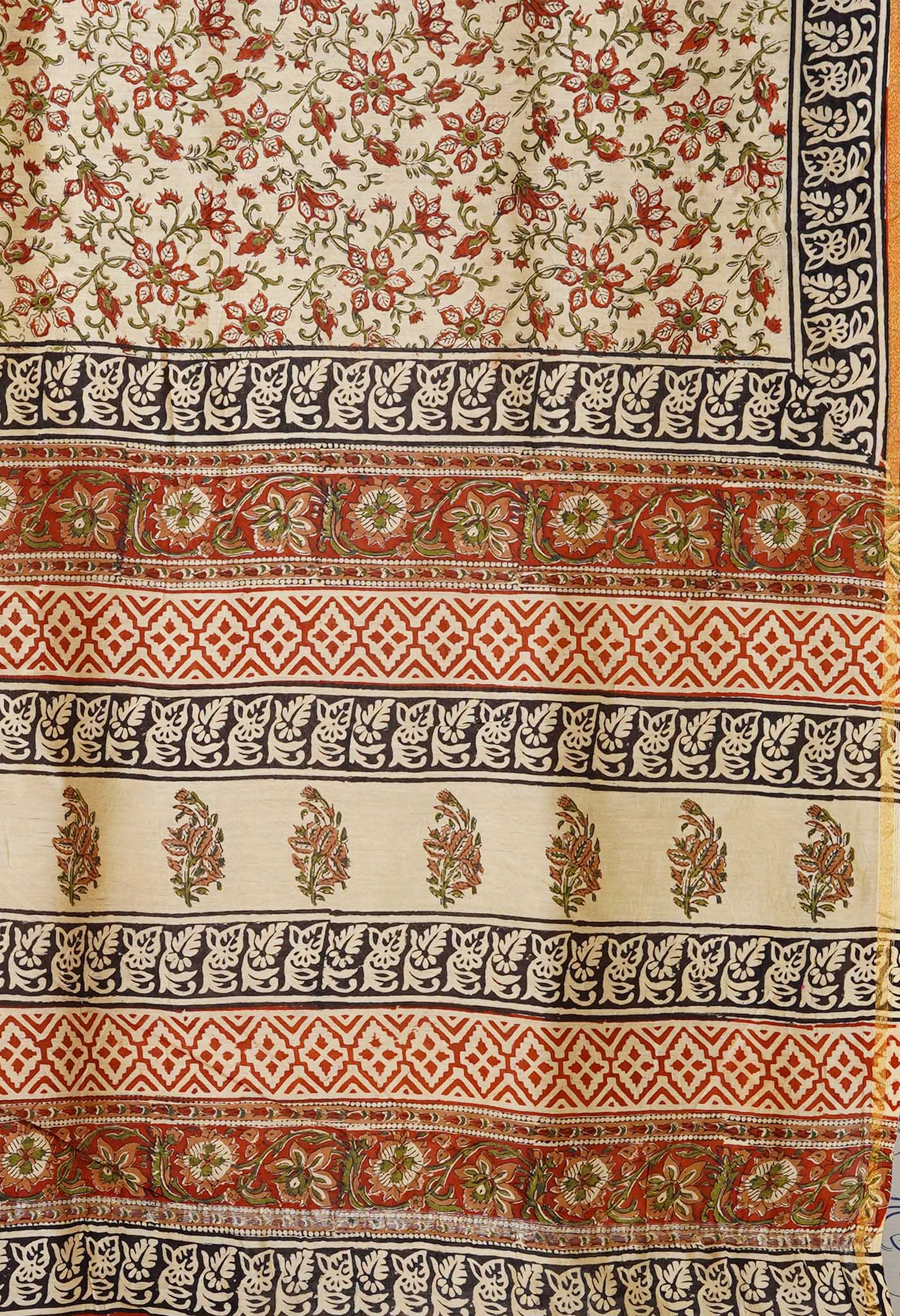 Cream Pure  Bagru Kalamkari Printed Chanderi Sico Saree-UNM80244