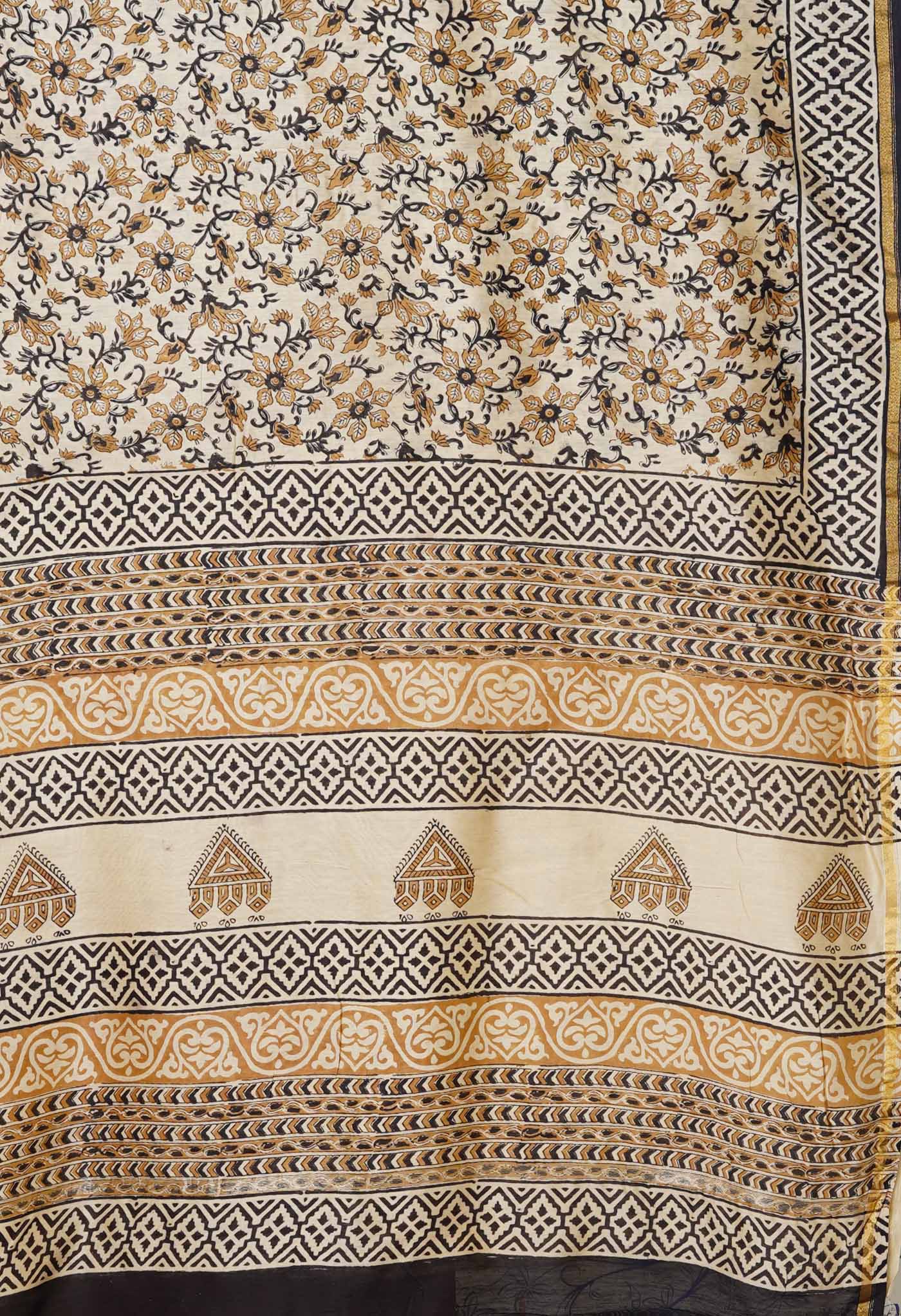 Cream Pure  Bagru Kalamkari Printed Chanderi Sico Saree-UNM80246