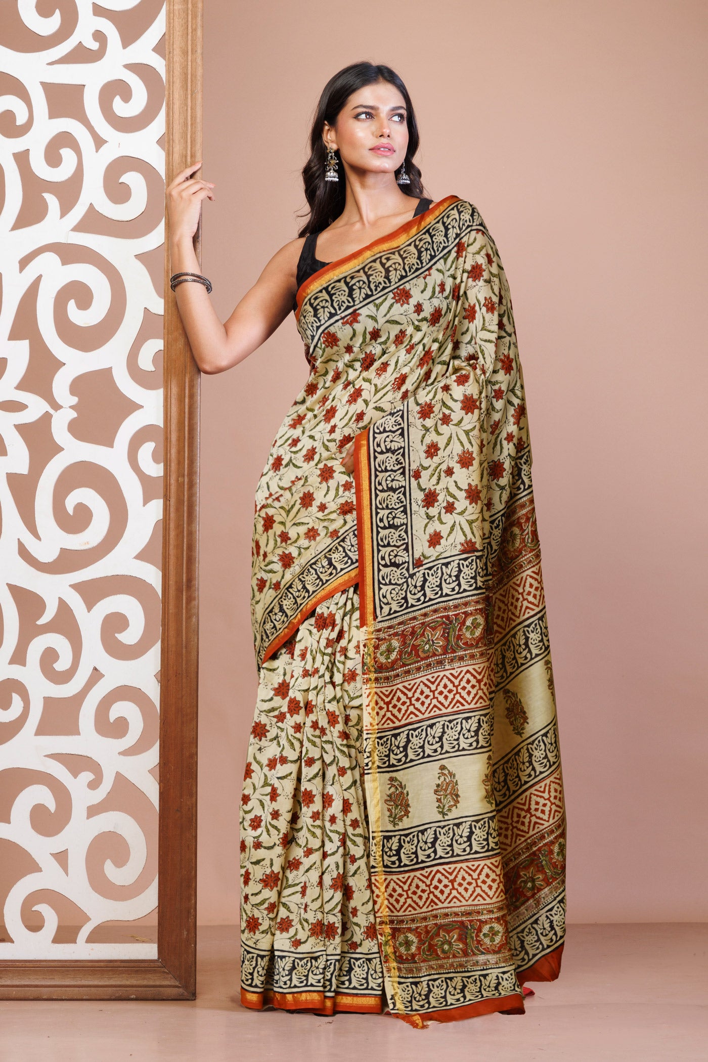 Cream Pure  Bagru Kalamkari Printed Chanderi Sico Saree-UNM80247