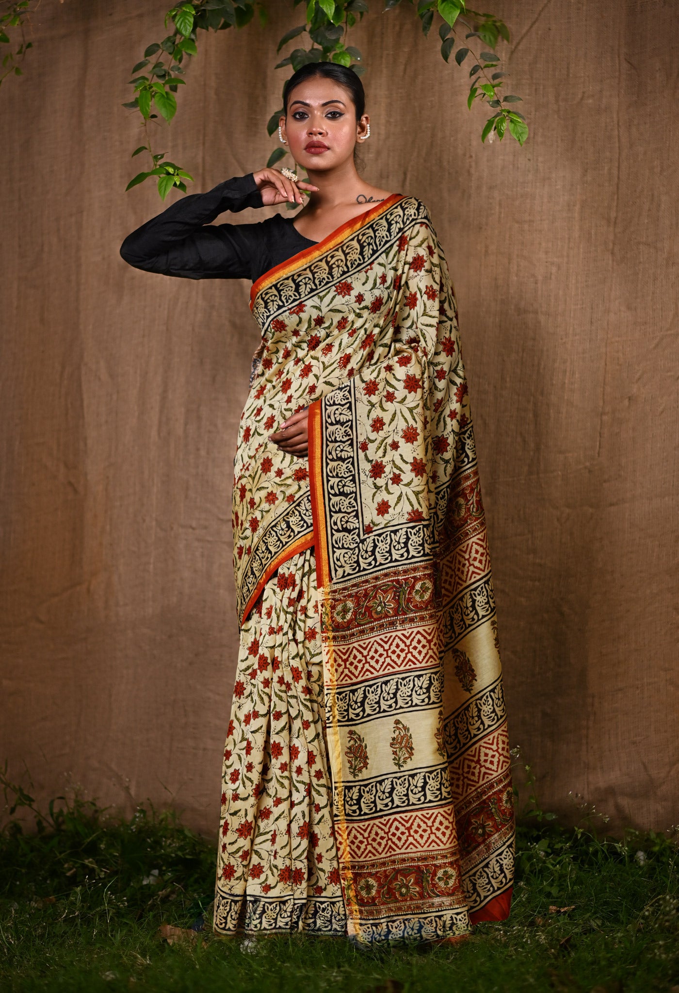 Cream Pure  Bagru Kalamkari Printed Chanderi Sico Saree-UNM80247