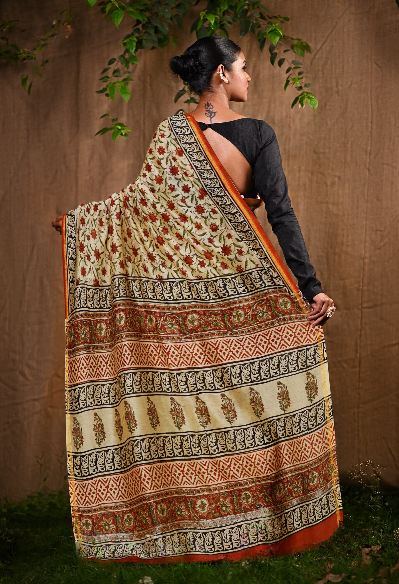 Cream Pure  Bagru Kalamkari Printed Chanderi Sico Saree-UNM80247