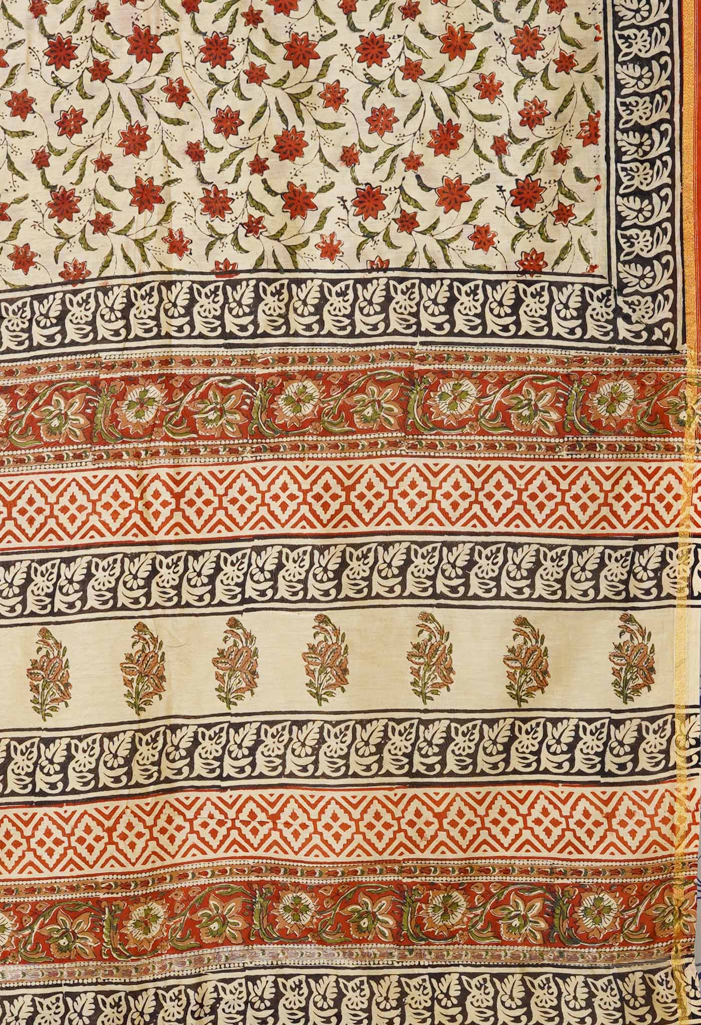 Cream Pure  Bagru Kalamkari Printed Chanderi Sico Saree-UNM80247