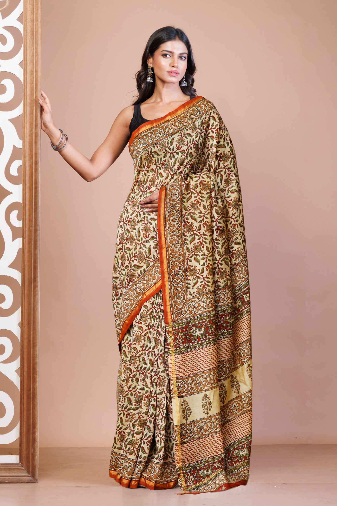 Cream Pure  Bagru Kalamkari Printed Chanderi Sico Saree-UNM80248