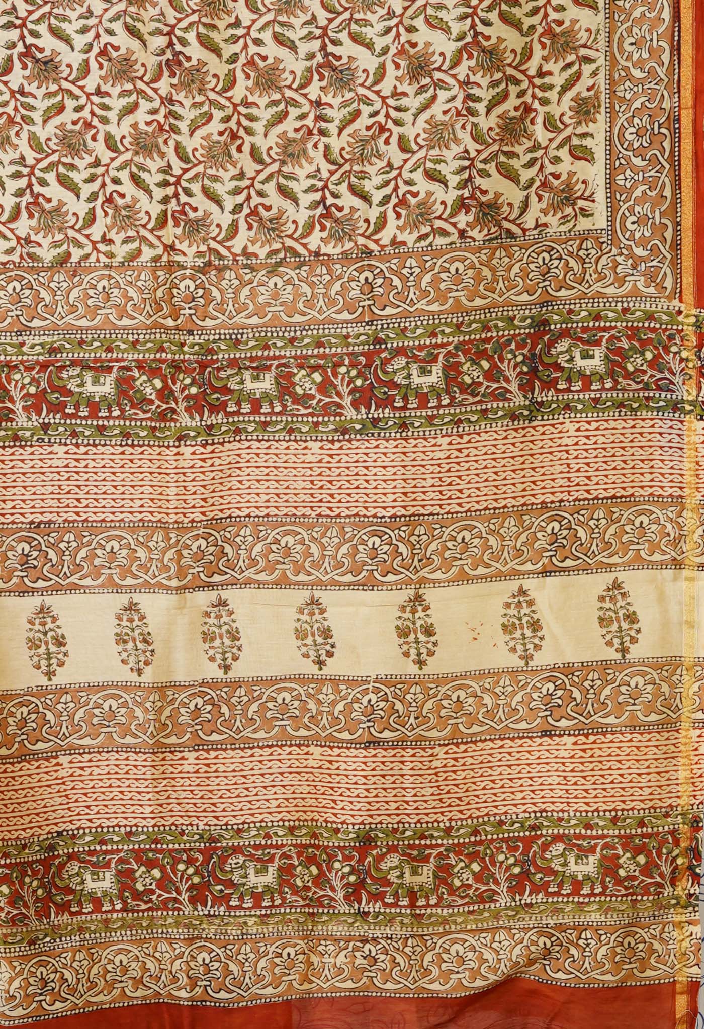 Cream Pure  Bagru Kalamkari Printed Chanderi Sico Saree-UNM80248