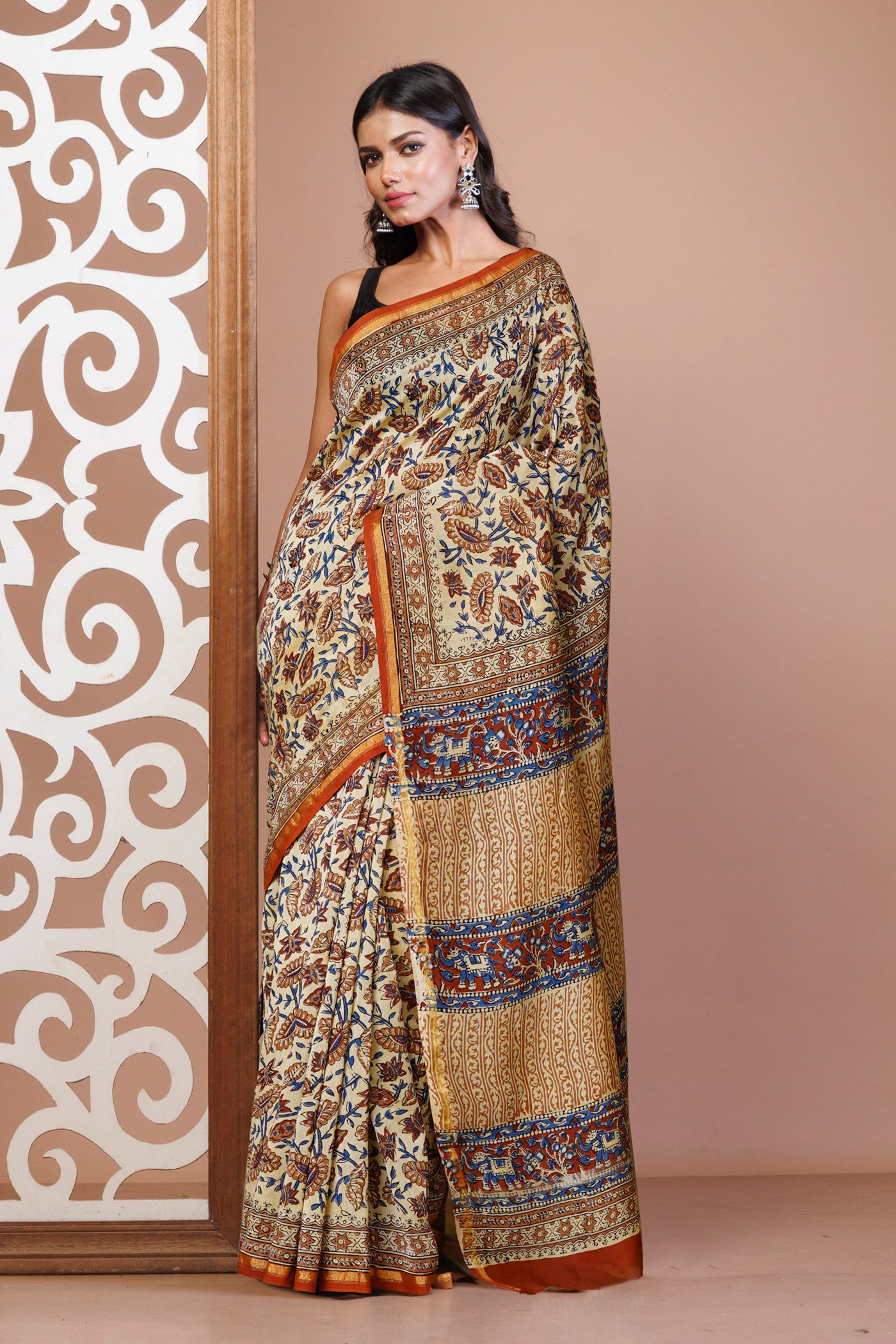 Cream Pure  Bagru Kalamkari Printed Chanderi Sico Saree-UNM80249