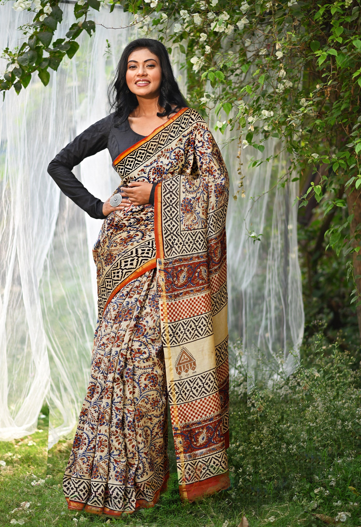 Cream Pure  Bagru Kalamkari Printed Chanderi Sico Saree-UNM80251