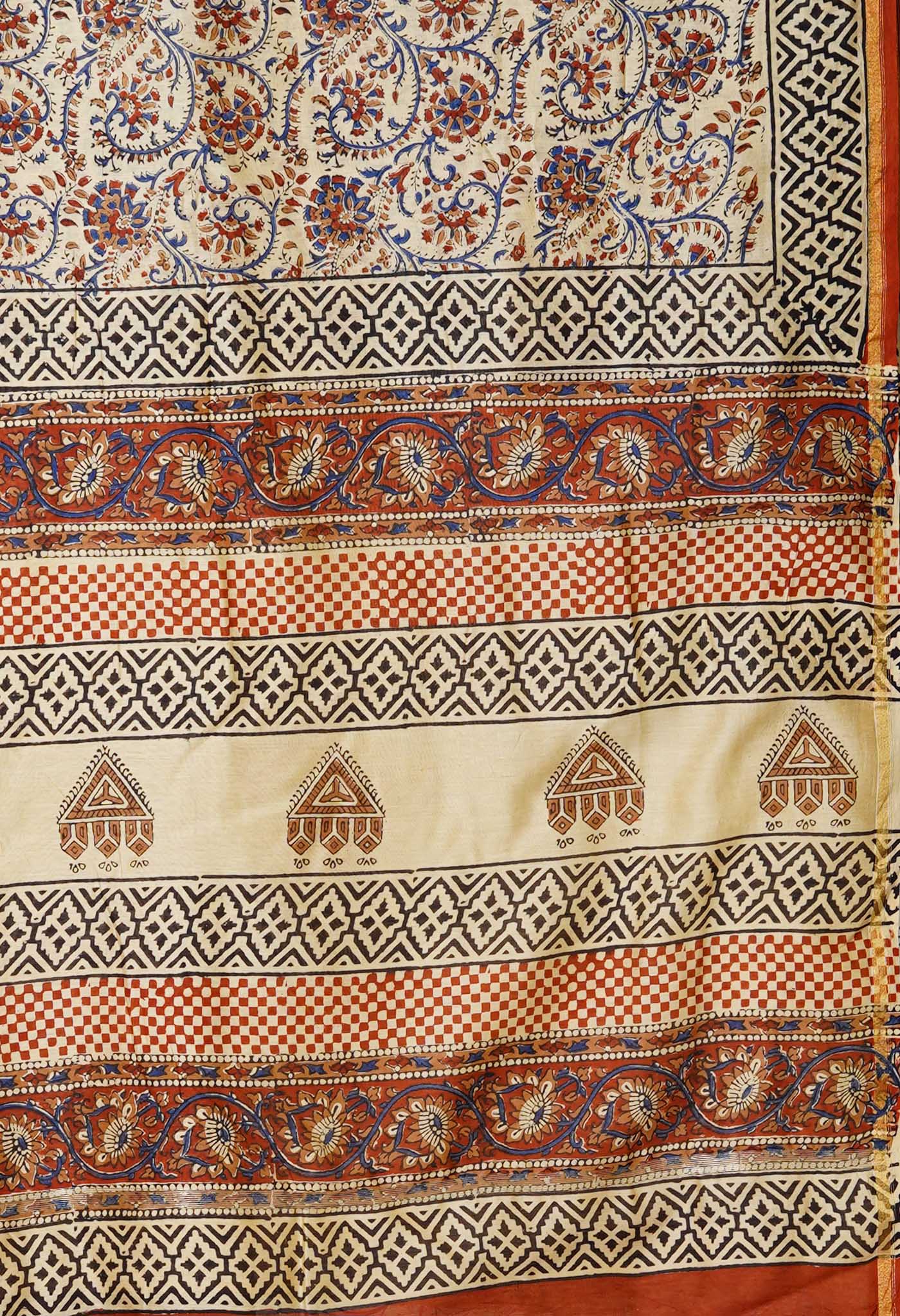 Cream Pure  Bagru Kalamkari Printed Chanderi Sico Saree-UNM80251