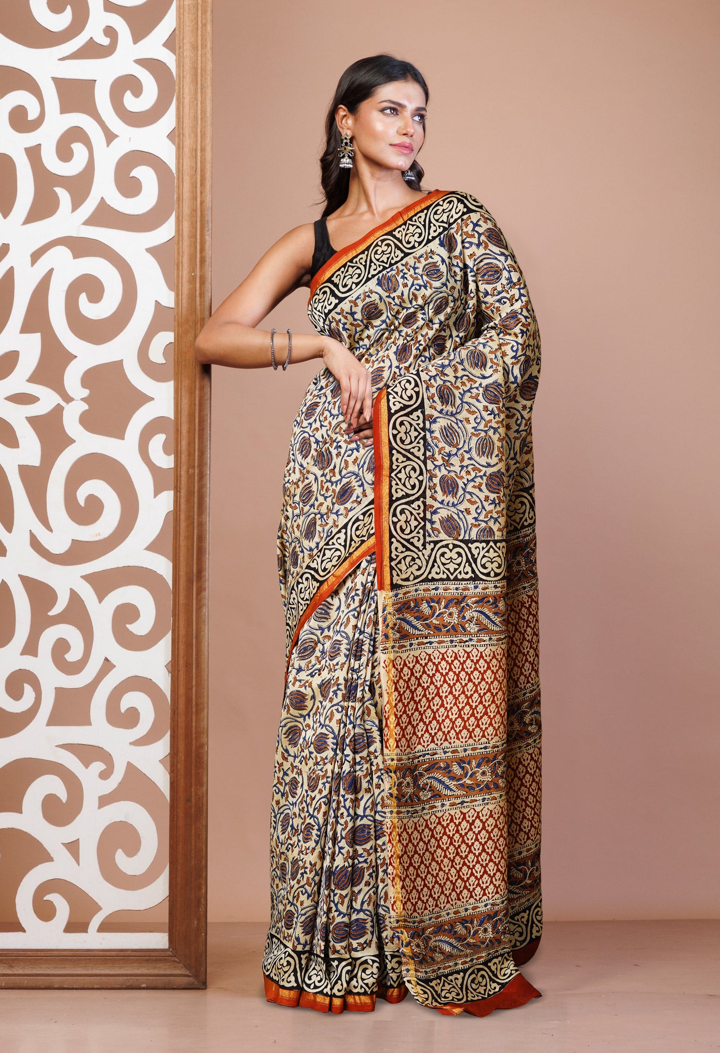 Cream Pure  Bagru Kalamkari Printed Chanderi Sico Saree-UNM80252