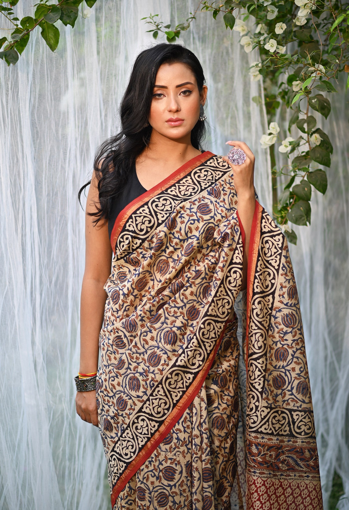 Cream Pure  Bagru Kalamkari Printed Chanderi Sico Saree-UNM80252