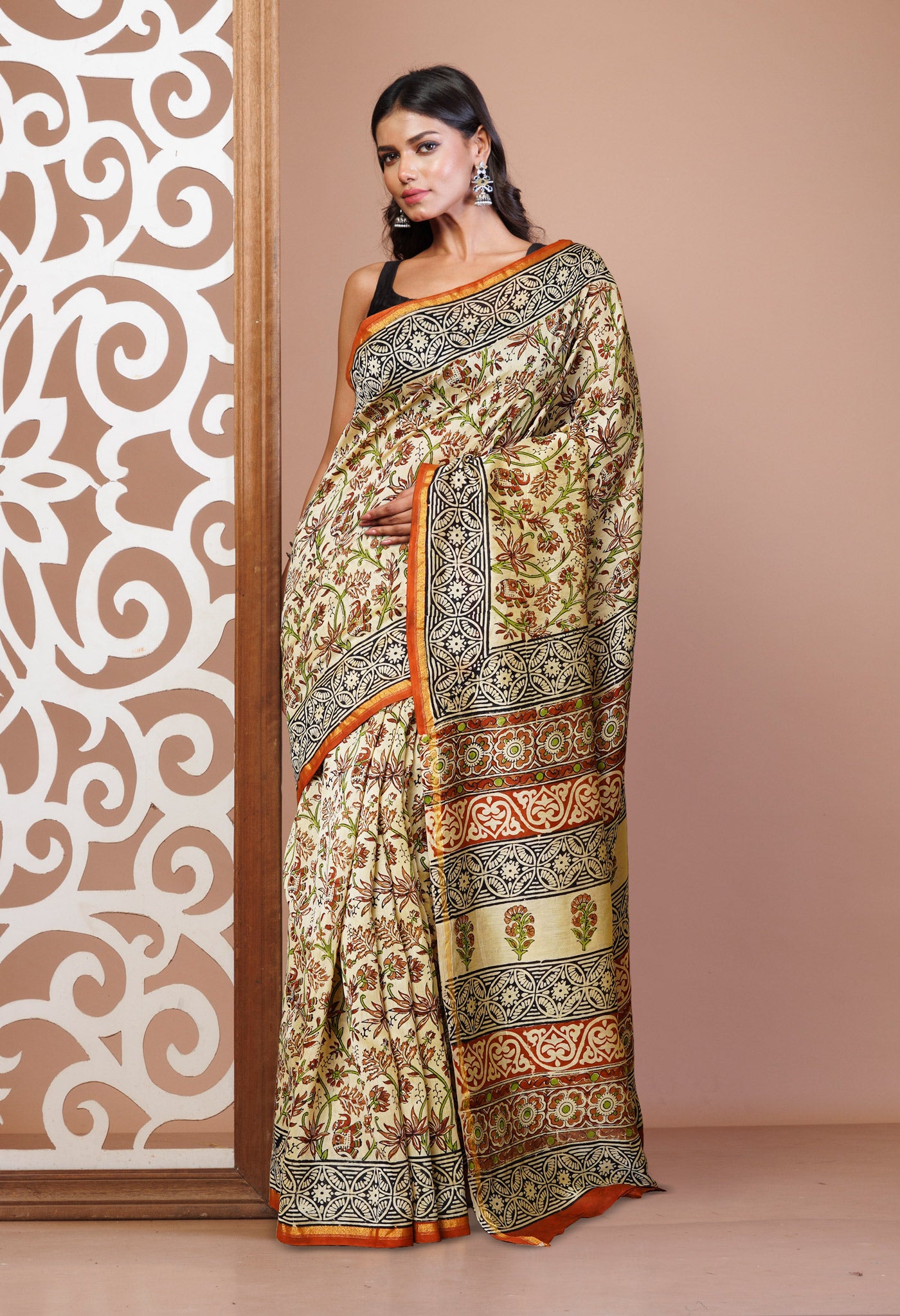 Cream Pure  Bagru Kalamkari Printed Chanderi Sico Saree-UNM80253