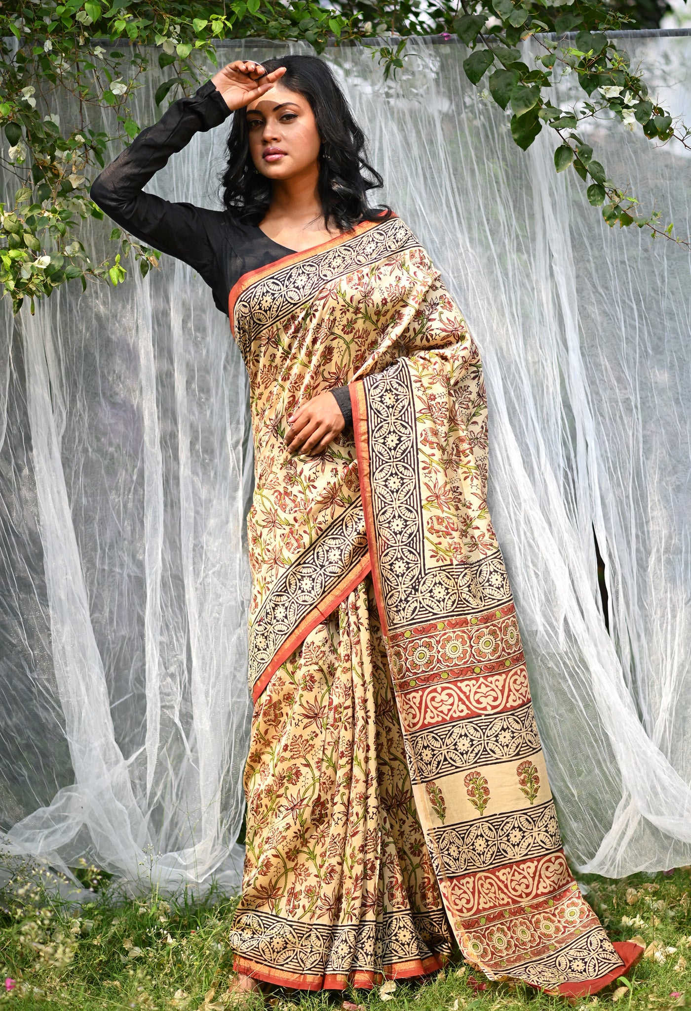 Cream Pure  Bagru Kalamkari Printed Chanderi Sico Saree-UNM80253