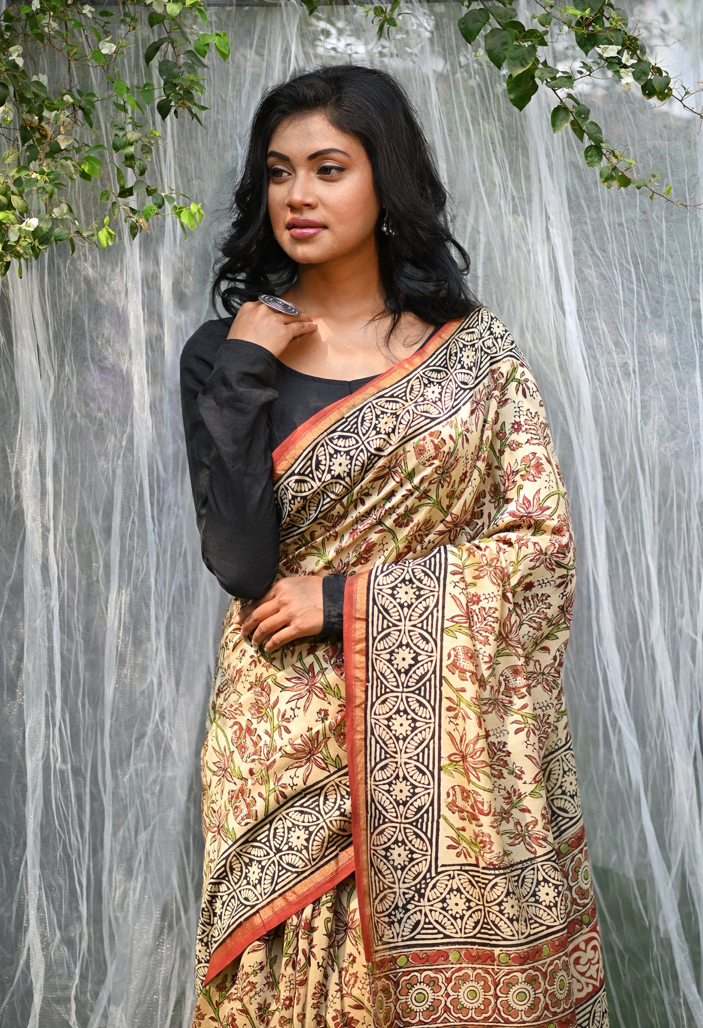 Cream Pure  Bagru Kalamkari Printed Chanderi Sico Saree-UNM80253