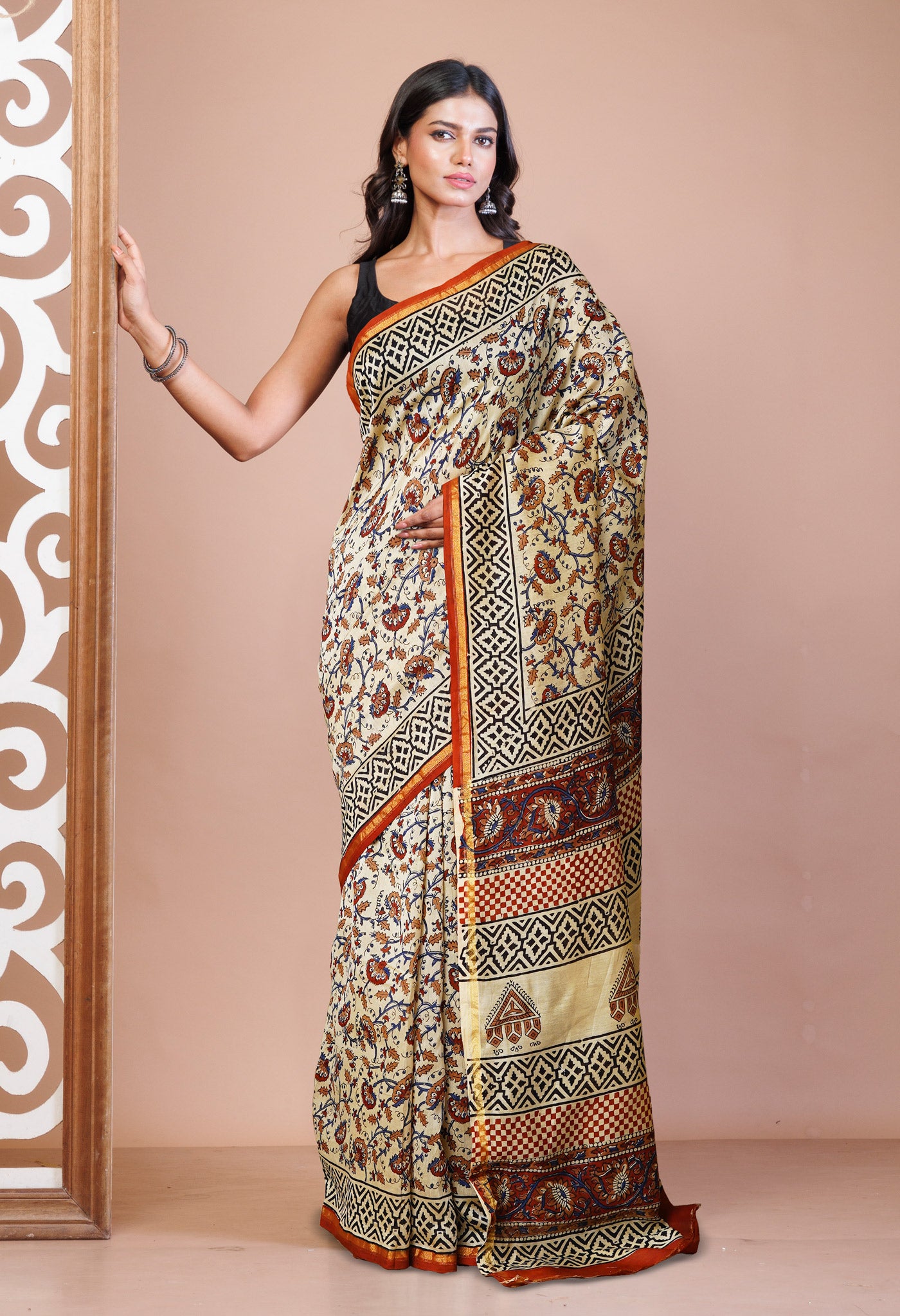 Cream Pure  Bagru Kalamkari Printed Chanderi Sico Saree-UNM80254