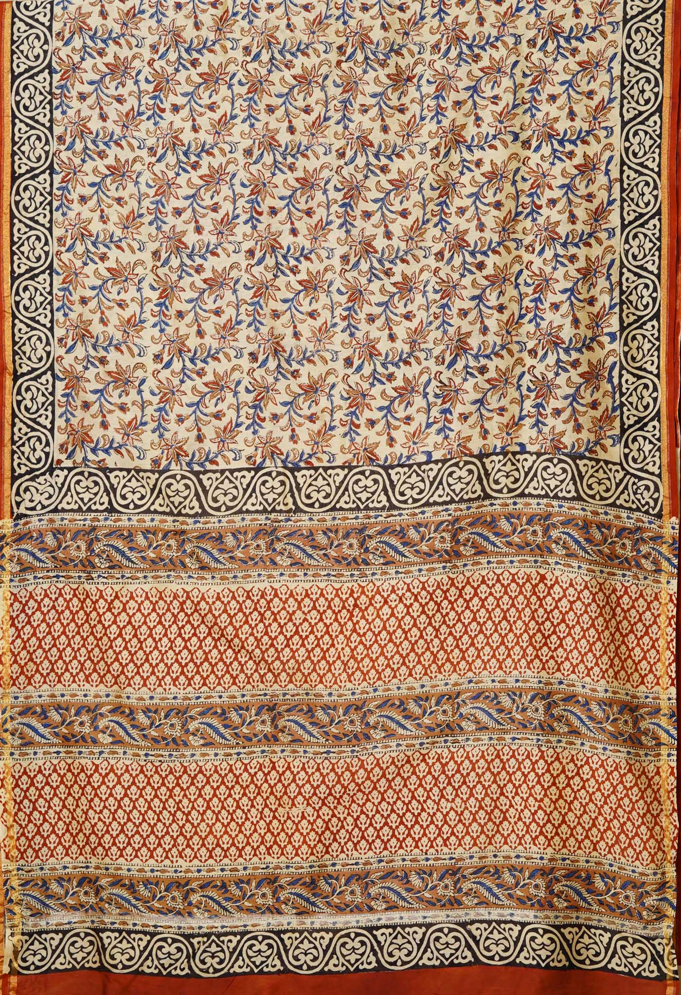 Cream Pure  Bagru Kalamkari Printed Chanderi Sico Saree-UNM80256