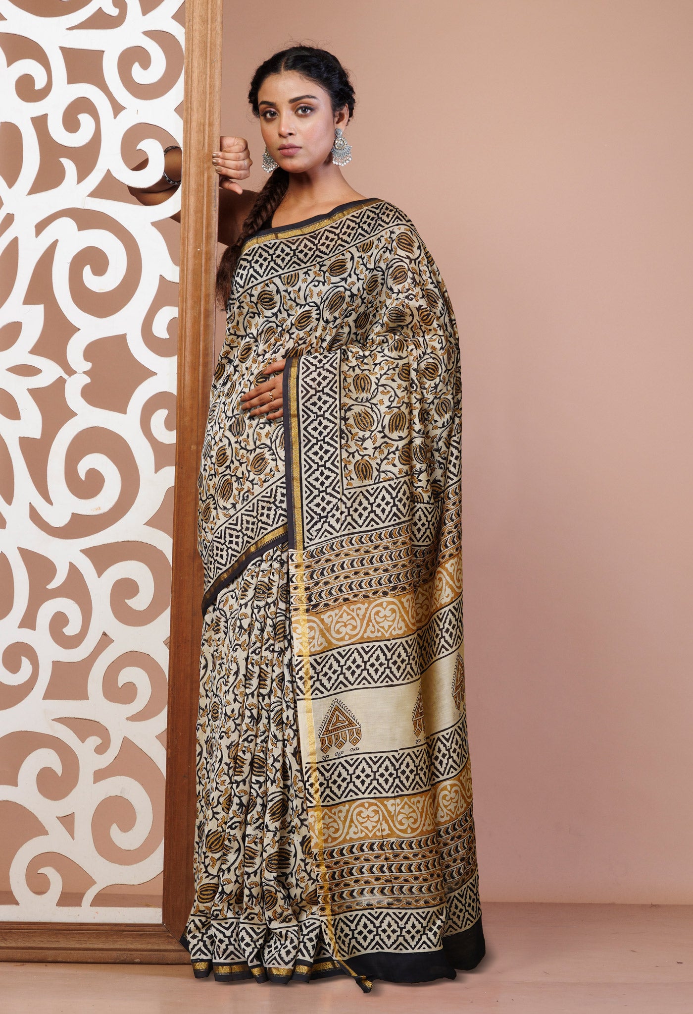 Cream Pure  Bagru Kalamkari Printed Chanderi Sico Saree-UNM80257