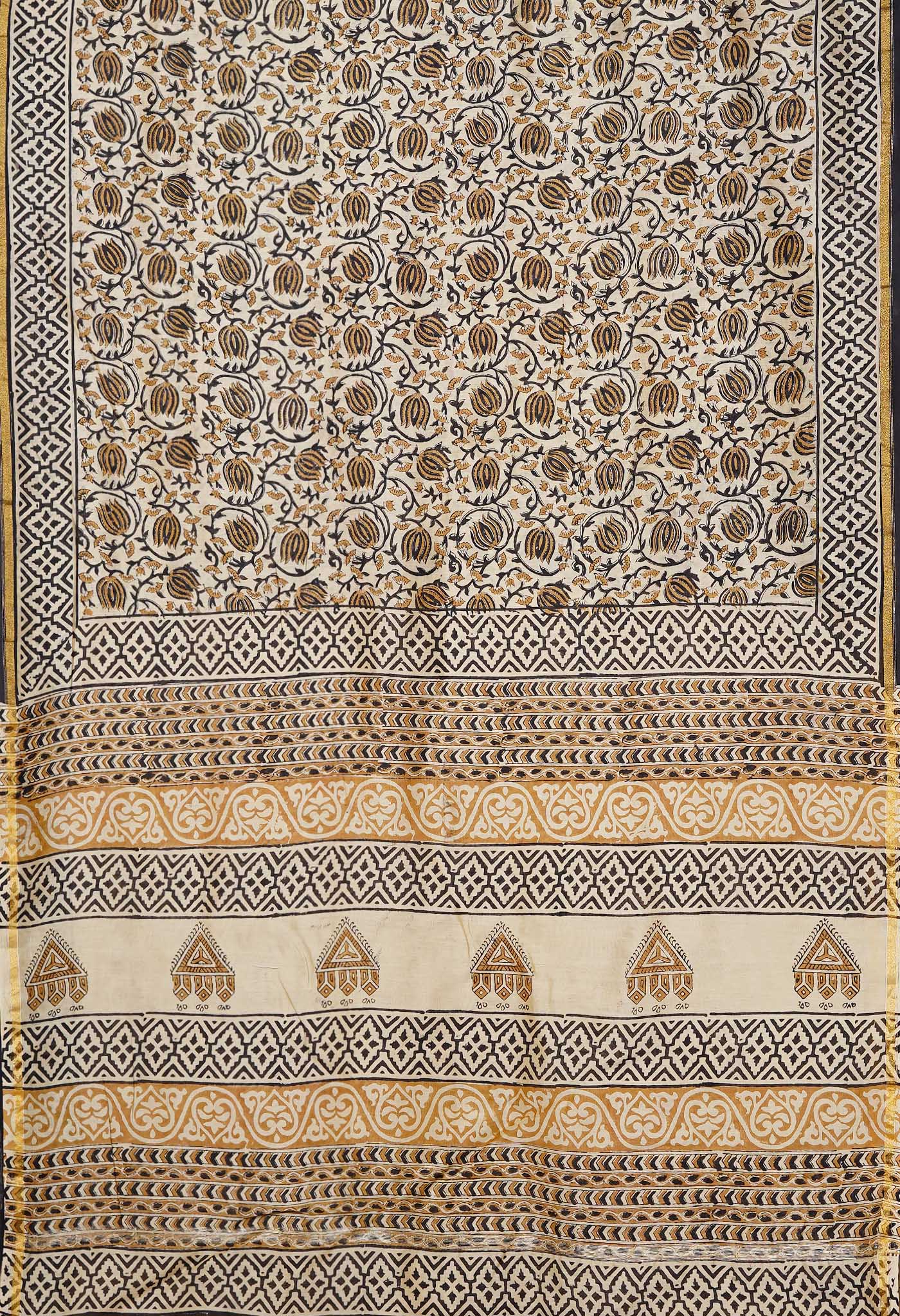 Cream Pure  Bagru Kalamkari Printed Chanderi Sico Saree-UNM80257