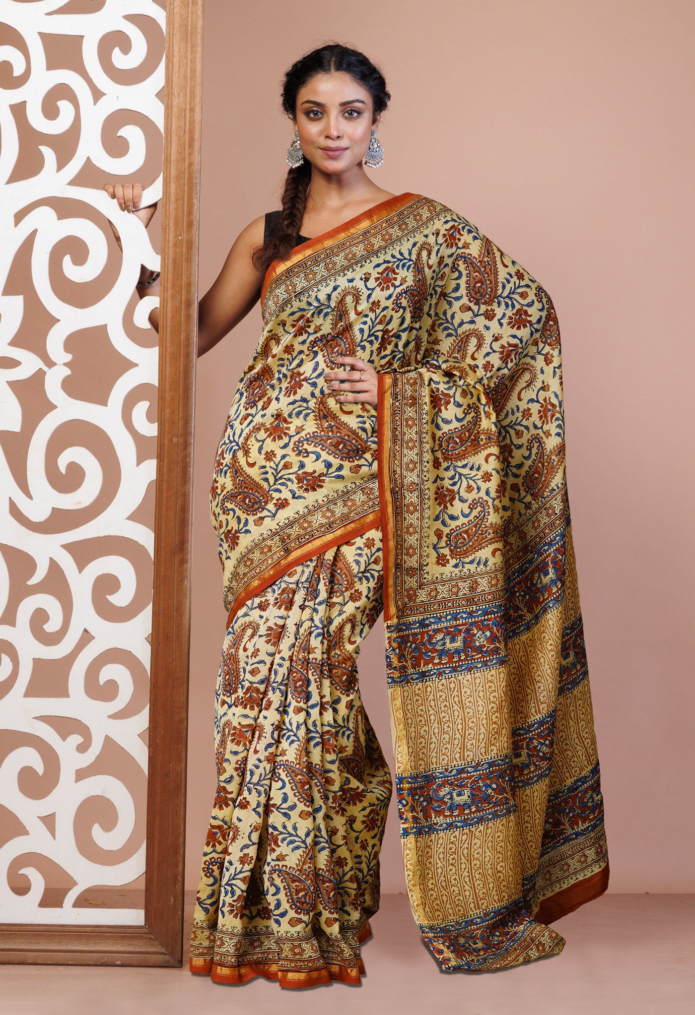 Cream Pure  Bagru Kalamkari Printed Chanderi Sico Saree-UNM80258