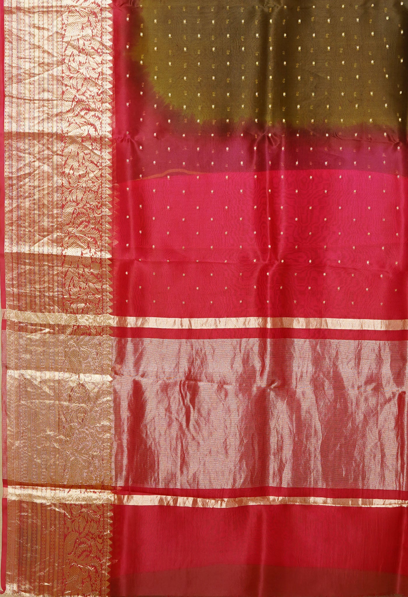 Dark Mehindi Green-Pink Pure Dyed Banarasi Organza Saree-UNM80271