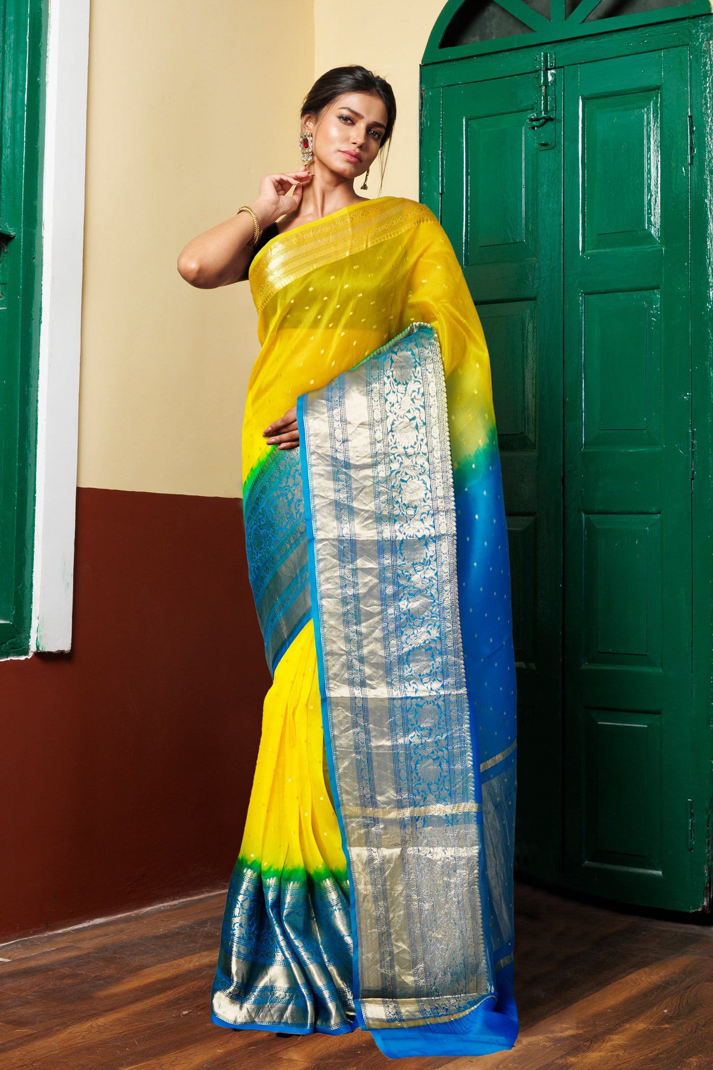 Yellow-Blue Pure Dyed Banarasi Organza Saree-UNM80274