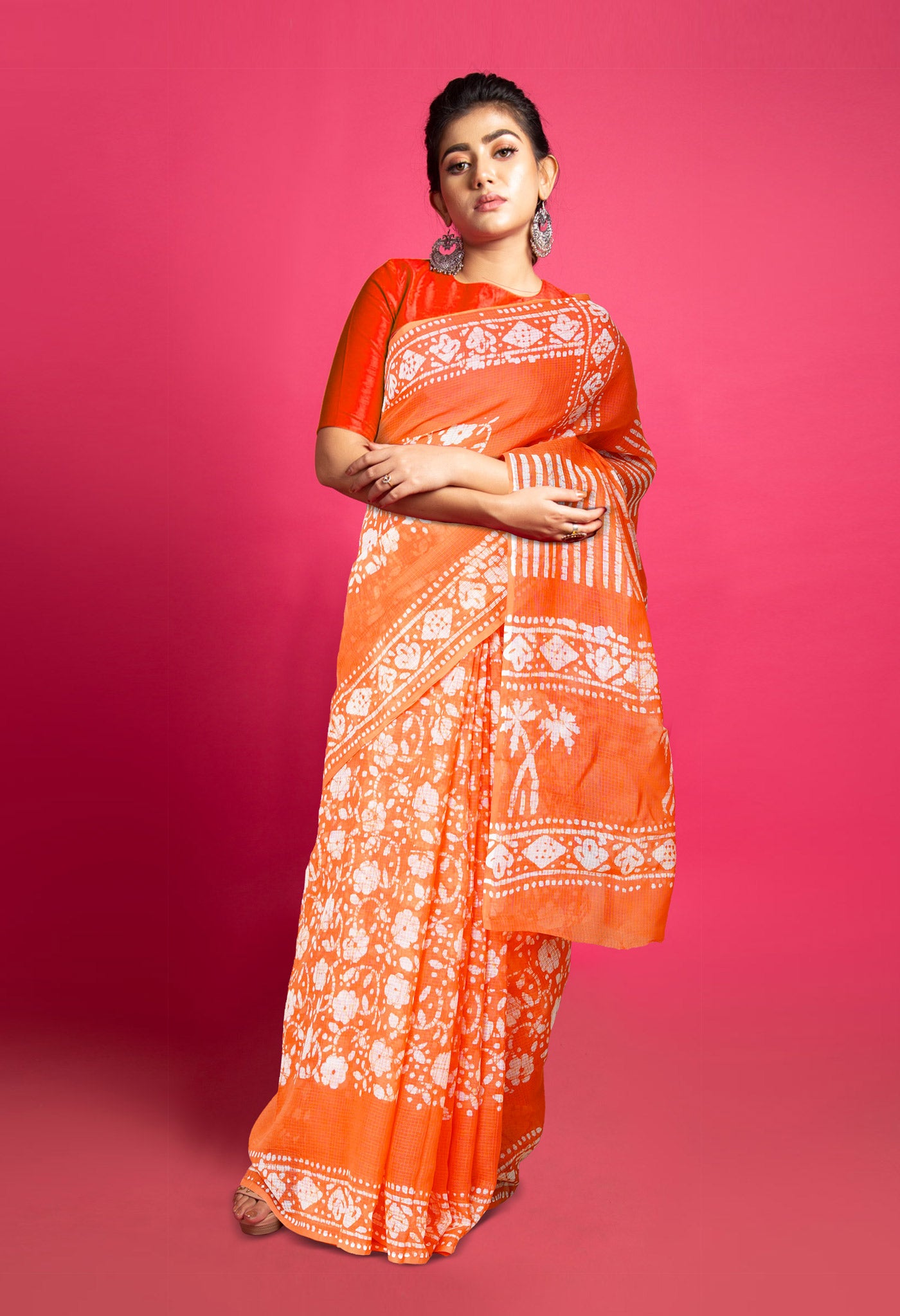 Peach Red Pure Batik Block Printed Kota Saree-UNM80278