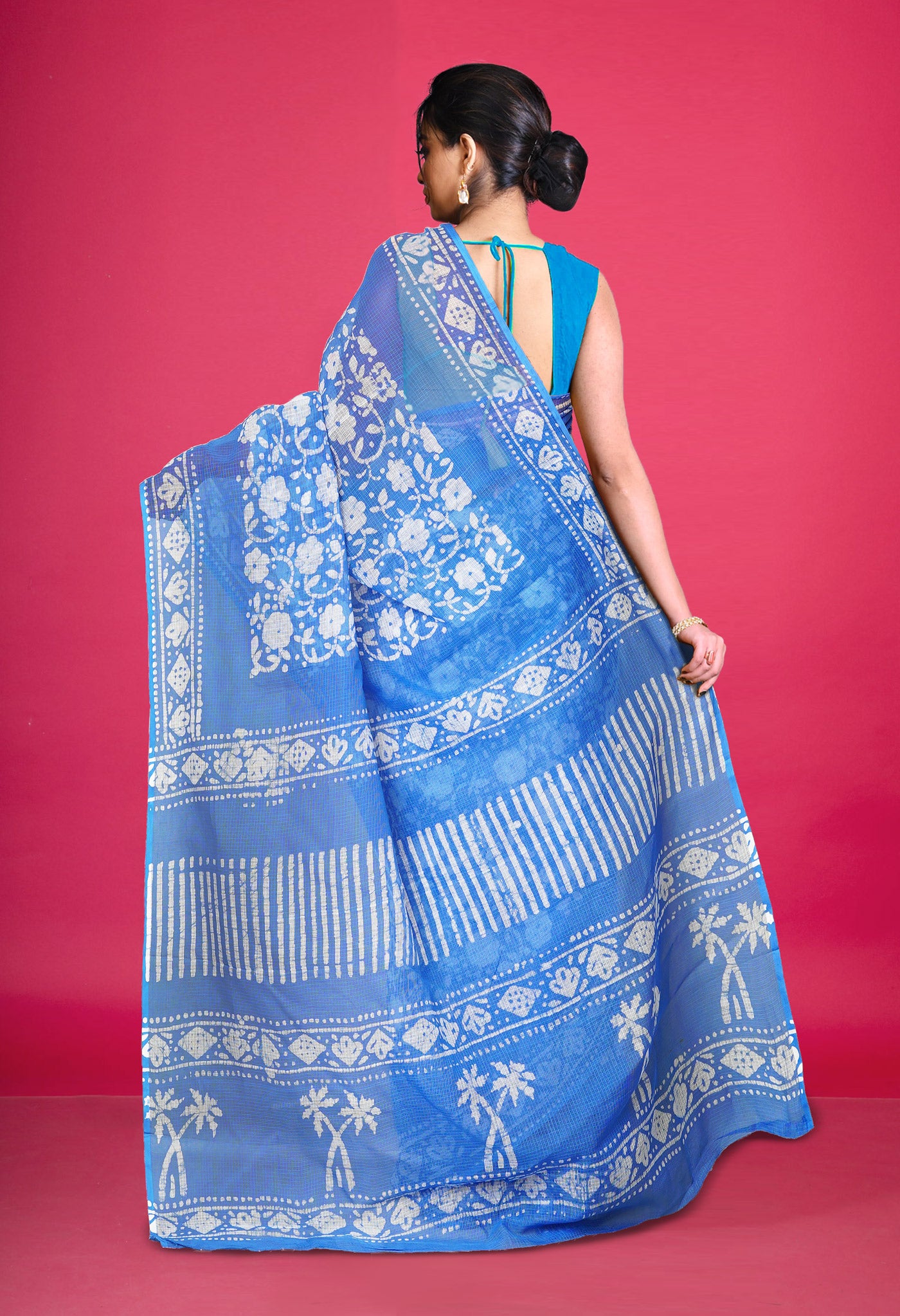 Blue Pure Batik Block Printed Kota Saree-UNM80279