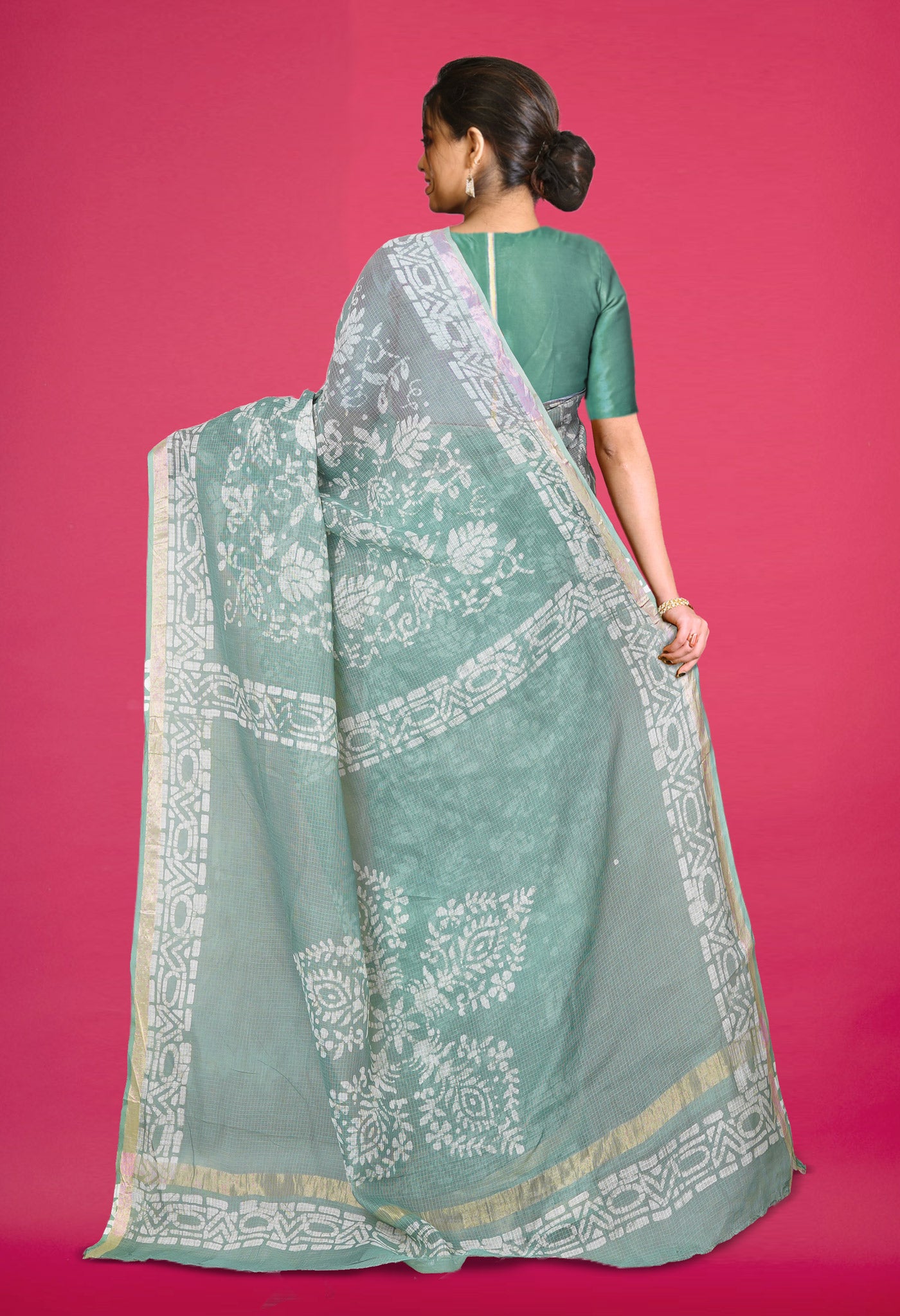 Pale Green Pure Batik Block Printed Kota Saree-UNM80280