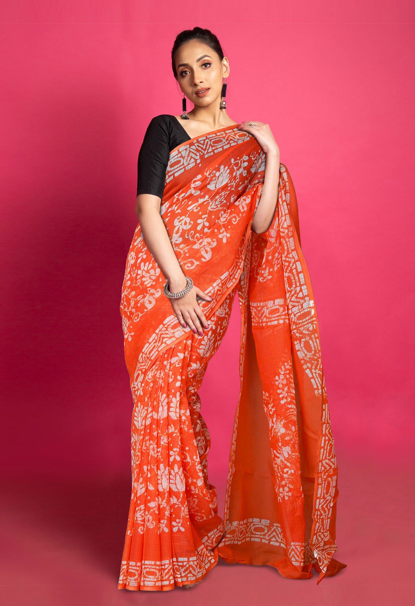 Peach Red Pure Batik Block Printed Kota Saree-UNM80281