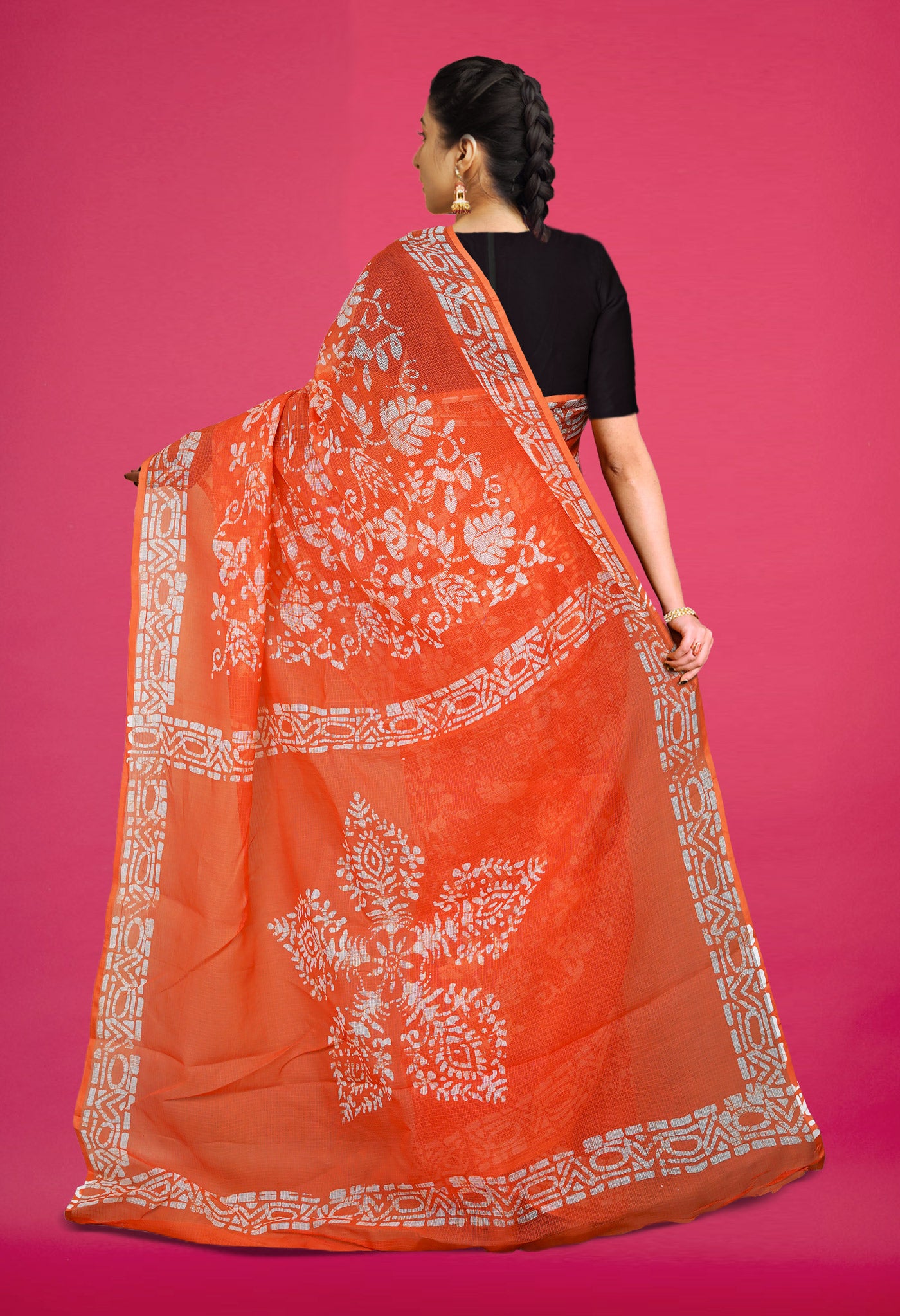 Peach Red Pure Batik Block Printed Kota Saree-UNM80281