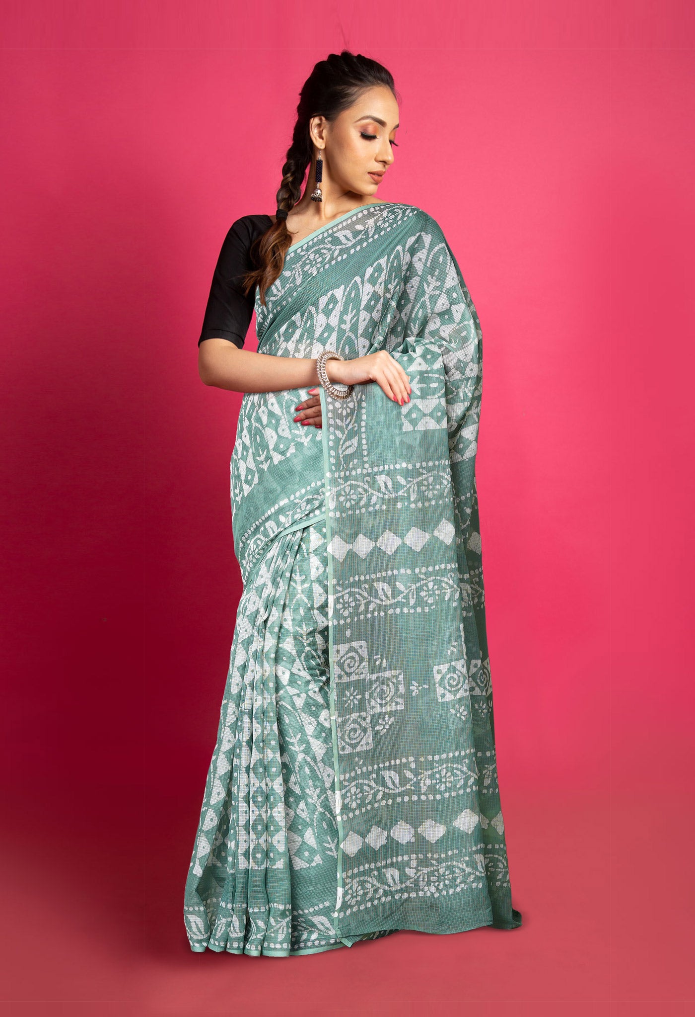 Pale Green Pure Batik Block Printed Kota Saree-UNM80284