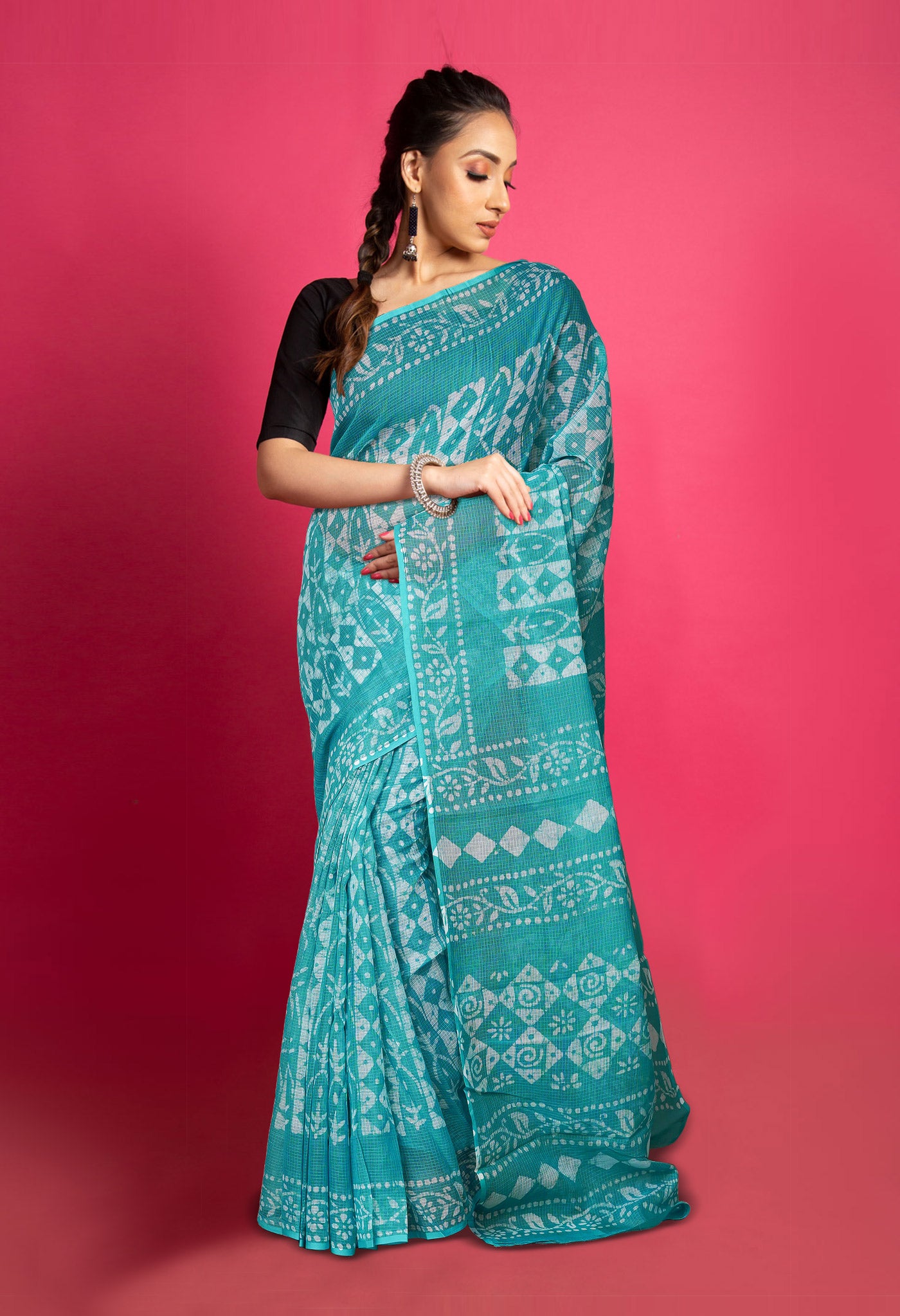 Turquoise Blue Pure Batik Block Printed Kota Saree-UNM80285